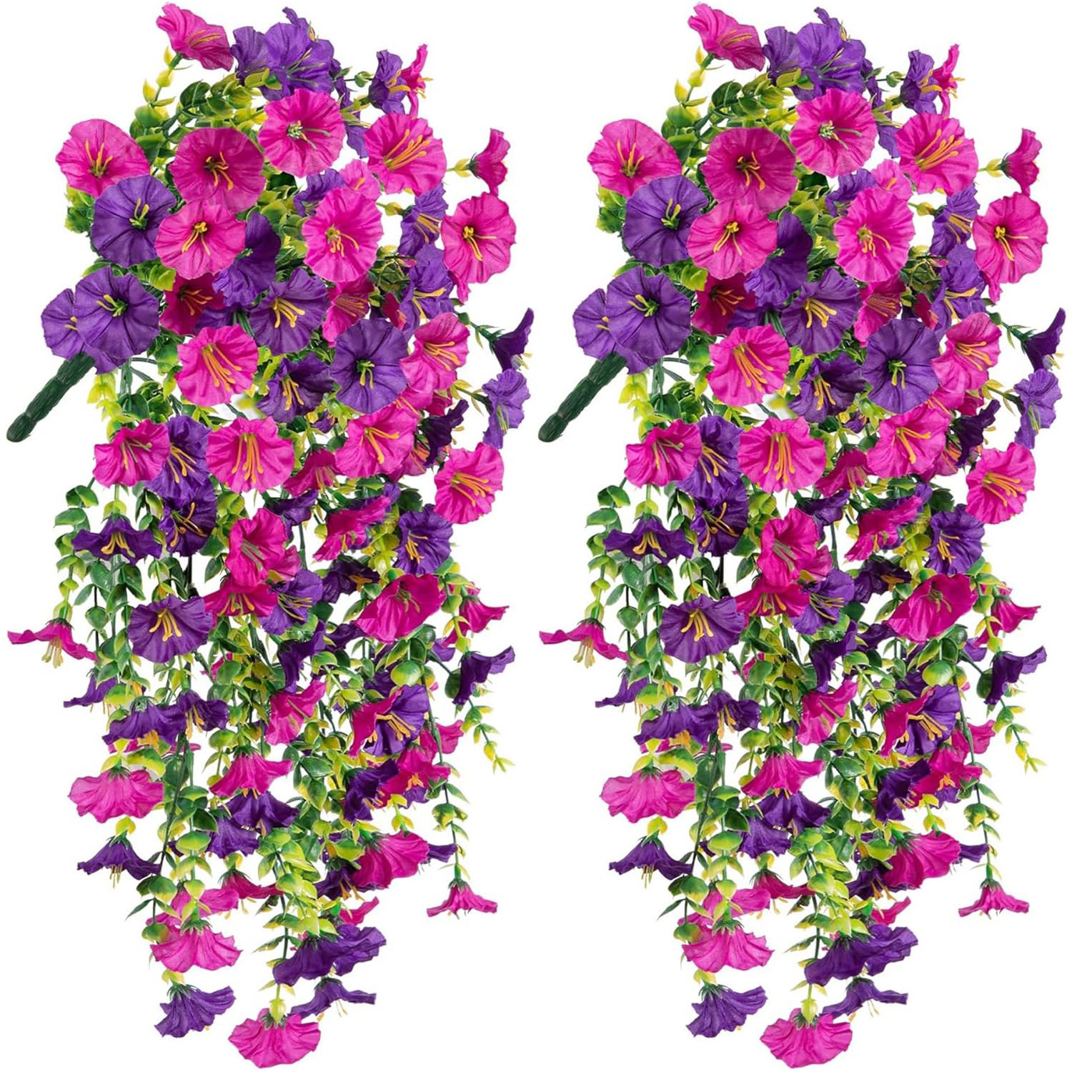 HATFRYF 2PCS Artificial Hanging Flowers Outdoor, Spring Fake Flowers Trailing Plants, Fake Trailing Plants Morning Glory Decoration, Silk Morning Vine Baskets Plants for Porch Garden Balcony, Fuchsia