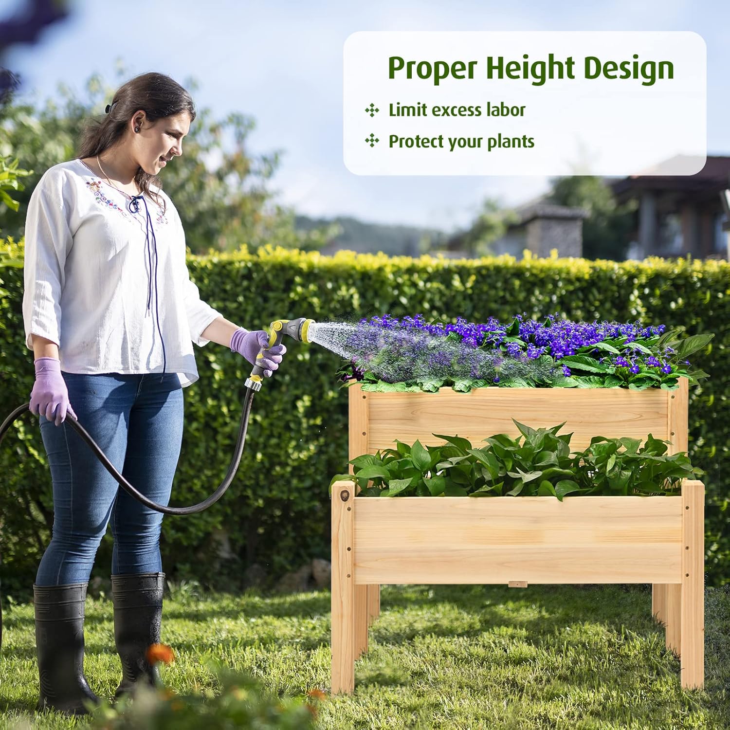 RELAX4LIFE 2-Tier Raised Garden Bed - Fir Wood Garden Elevated Planter Box with Legs, 8 Drainage Holes,220 Capacity for Growing Vegetable, Elevated Garden Bed for Outdoor Yard Patio Balcony (Natural)