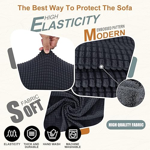 Miniatura 6 de Funda de sofá elástica lavable, protector de muebles con espuma antideslizante y parte inferior elástica para niños, perros (Lgris oscuro)