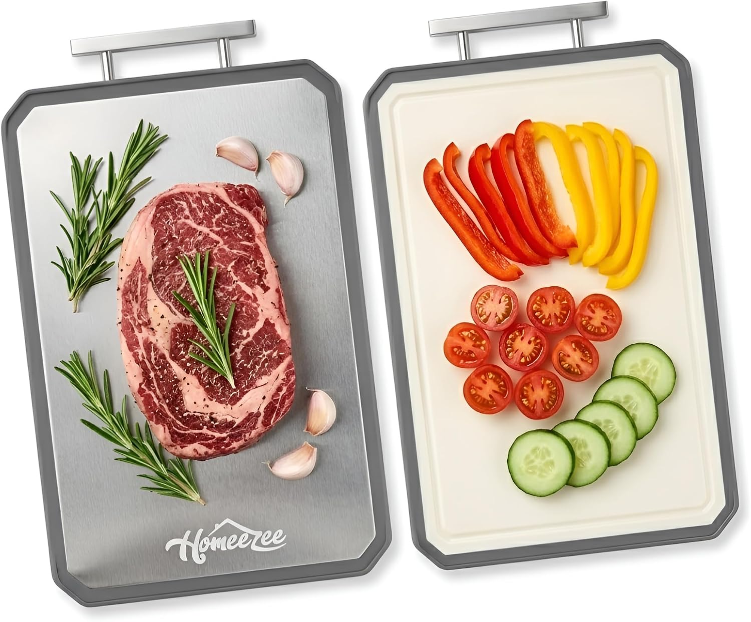 Double Sided Cutting Boards for Kitchen, Stainless Steel Cutting Board for Meat, Wheat Straw PP Large Chopping Board for Vegetables, Easy to Clean, Juice Grooves, 16"L * 11"W