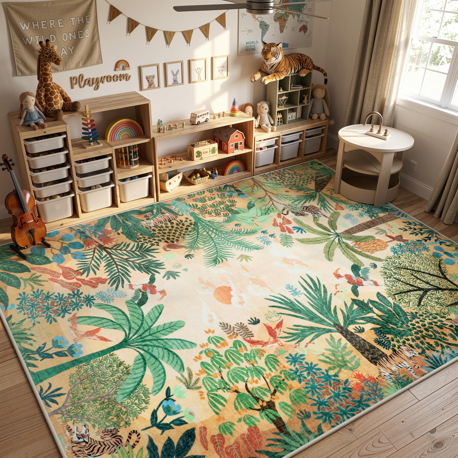 LIVEBOX Boho 8x10 Area Rugs for Living Room, Washable Soft Jungle Animal Print Rug for Bedroom, Farmhouse Non Slip Rug Floor Carpet, Forest Dining