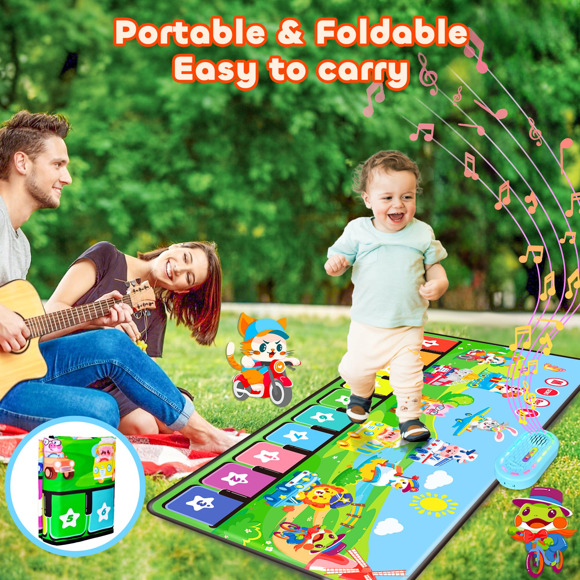MOMUSE Alfombra Musical con 80 Sonidos, Alfombra de Piano Grande con 10 Animales y 10 Coches, Juguetes Musicales con Luz Suave, 10+ Niveles Volumen, Regalos para Niños Niñas 1 2 3 Años (110 cm*45 cm)