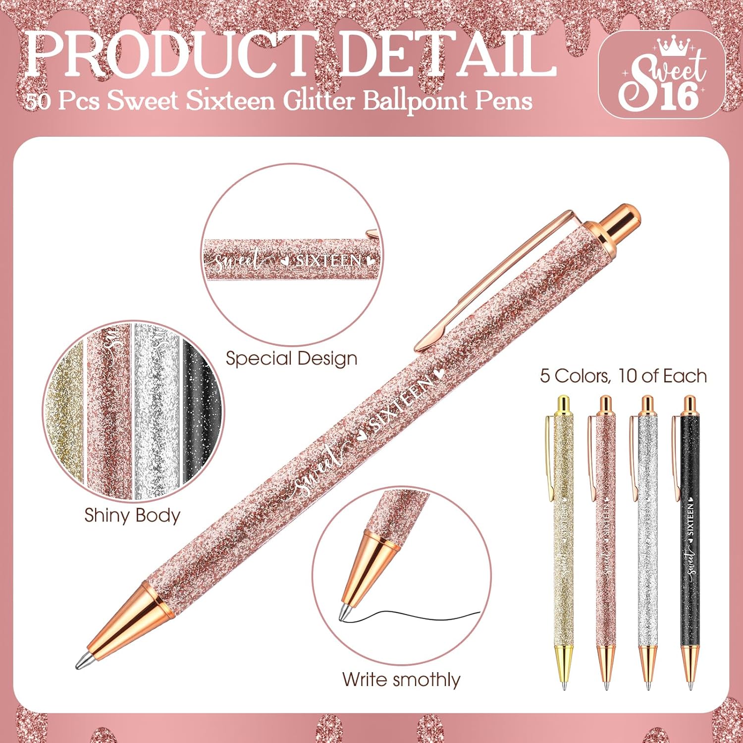 50 Sets Sweet 16th Birthday Party Favors for Guests, Include Sweet Sixteen Glitter Ballpoint Pens with Thank You Cards, Thank You for Coming to My 16 Years Birthday Party Supplies (Classic)