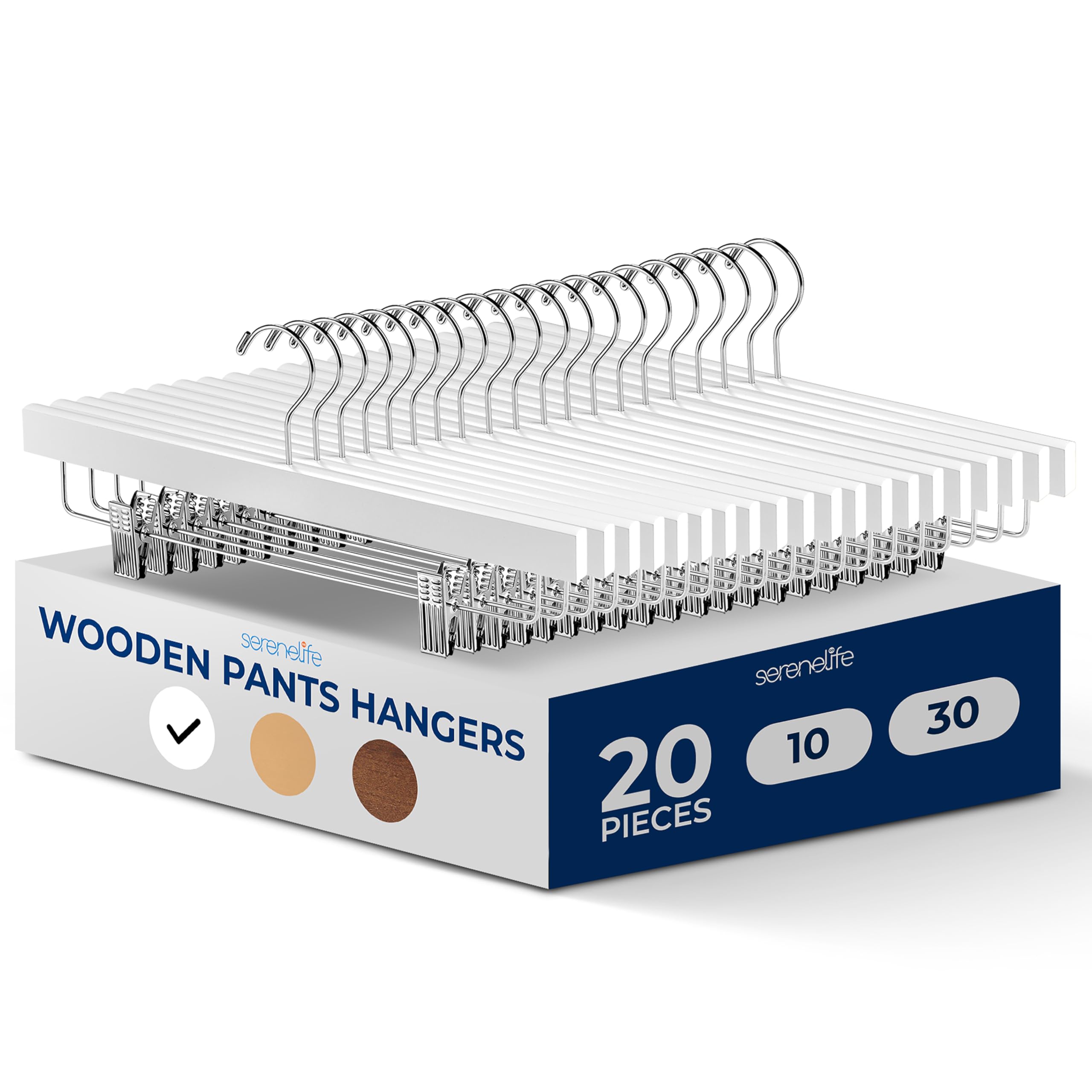 SereneLife White Wooden Trouser Hangers, 35cm Pants Hanger, 20pcs Smooth Wood Skirt Hanger Organizer with Adjustable Anti- Slip Clips, Swivel Hook Space Saving Premium Clothes Hangers