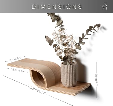 EWART WOODS Floating Wall Mounted Shelf from Wood, Decorative Geometric Wooden Shelves, Unique Oak Hanging Display, Small Walnut Rack (Oak)