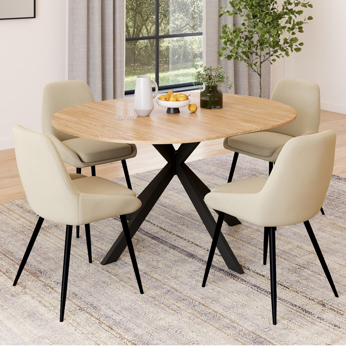 Table à Manger Extensible Ronde Alix Bois et Noir 110-150 cm avec 4 Chaises THALYA Velours Beige
