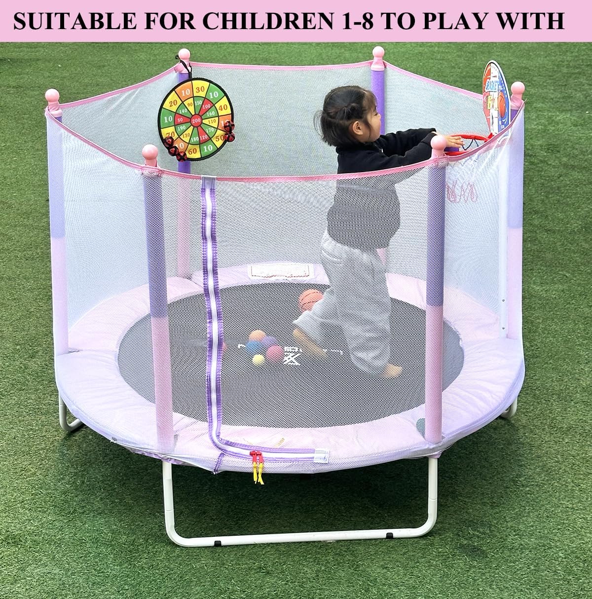 PILIN Trampolino con cestino da basket, 150 cm, per interni ed esterni, rete di sicurezza rialzata, giocattolo per ragazzi e ragazze, regalo di compleanno e Natale