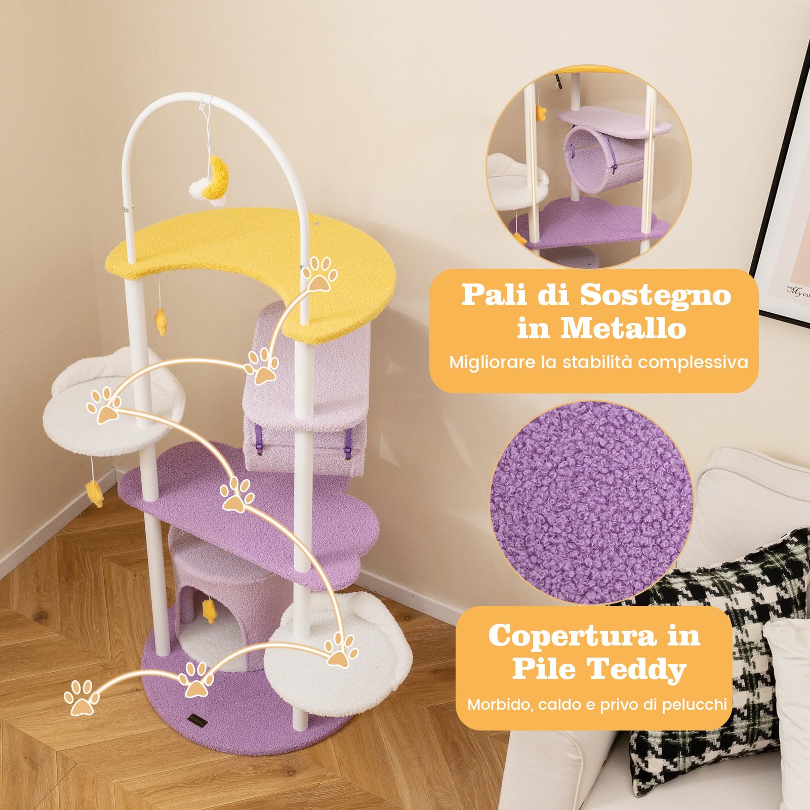 COSTWAY Tiragraffi per Gatti 158cm, Albero per Gatti con Multi Livelli, Struttura in Metallo, Trespolo Superiore e Piattaforme per Salti, Torre per Animali Interno, Viola, Bianco e Giallo