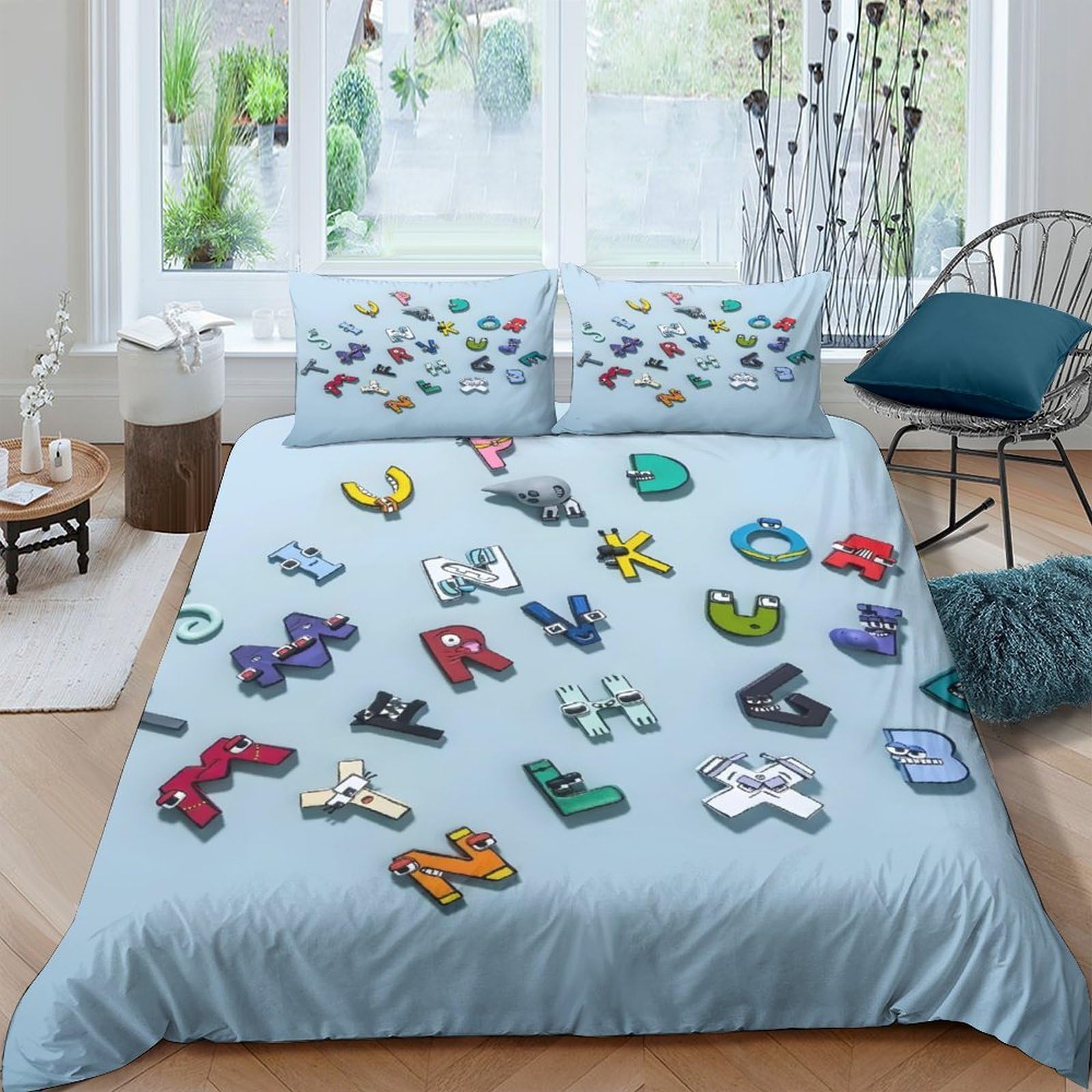 Ctjqhvkz Style-8 3D Printed Cartoon Alphabet Fitted Sheet Microfiber Soft Blue Graffiti Bed Cover For Bedroom Guestroom Mattress Decor Single（135X200cm）