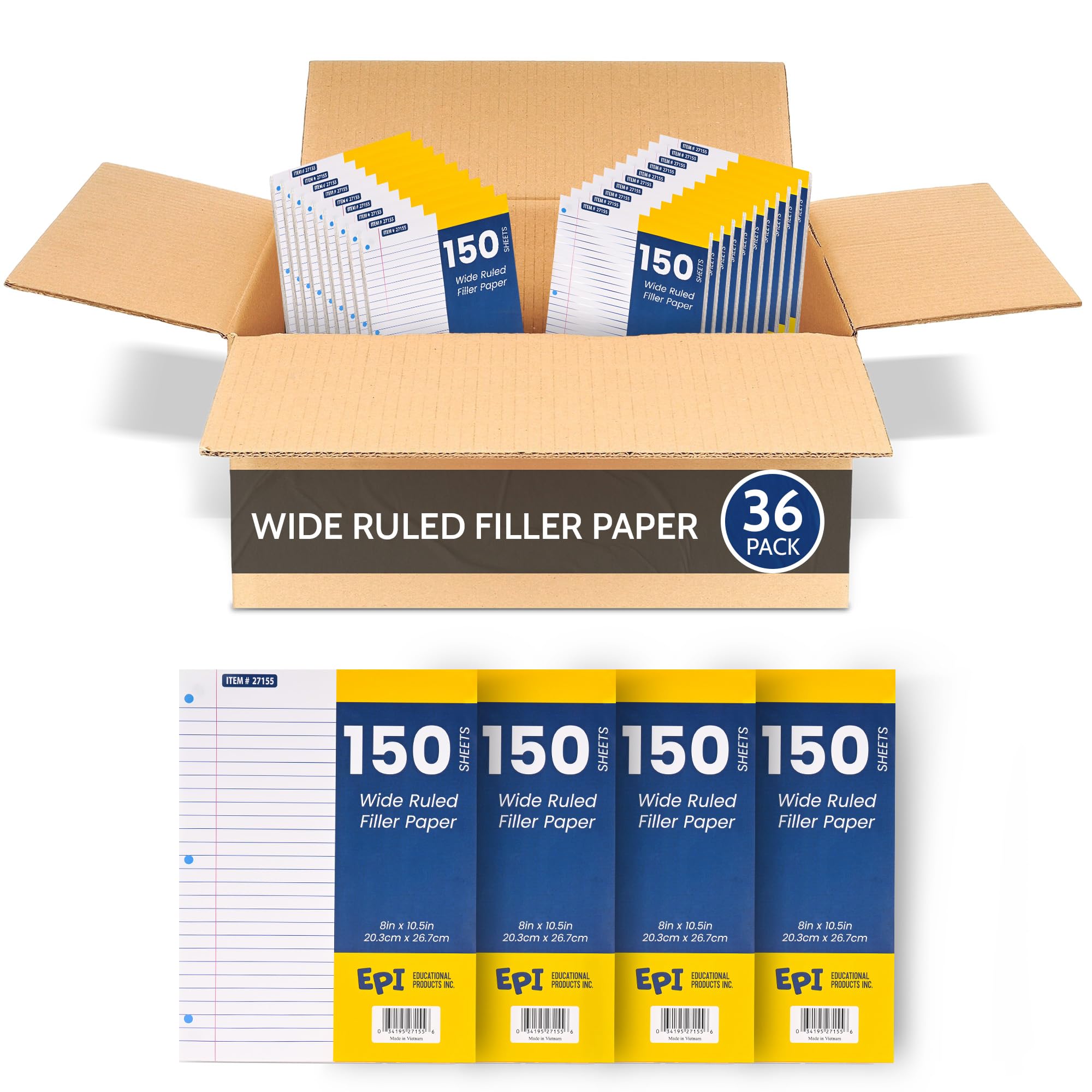 EPI Filler Paper | Wide Ruled | Loose Leaf, 3-Hole Punched, 10.5 x 8 in, 150 Sheets | School, Office, Notes, Binder Refill - 36 Pack
