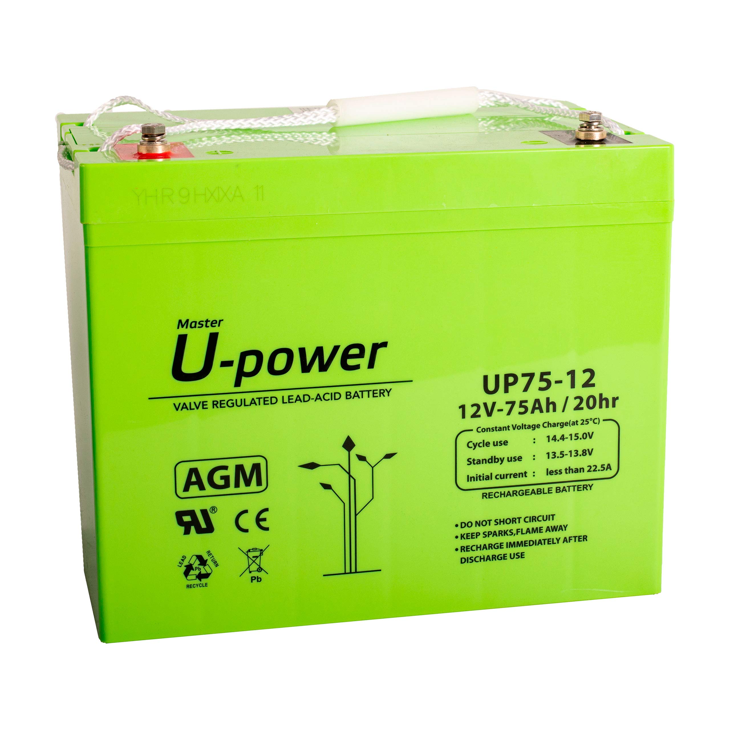 U-Power Batterie au Plomb Rechargeable AGM scellée 12 V 75 Ah Utilisation générale comme alarmes, UPS/SAI, sécurité, Jouets, etc. Borne à vis métrique M6