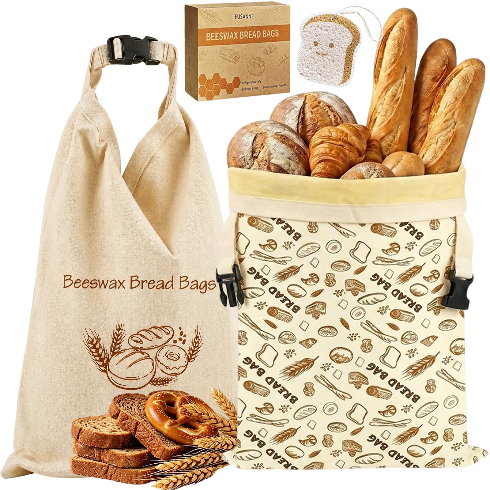 Bienenwachs Brotbeutel 2er Set XL 43x33cm,Wiederverwendbarer Brotsack zum Frischhalten-Leinen Brotbeutel mit herausnehmbarem Bienenwachs-Inliner für Sauerteig-Nachhaltige Brotaufbewahrung inkl.Schwamm
