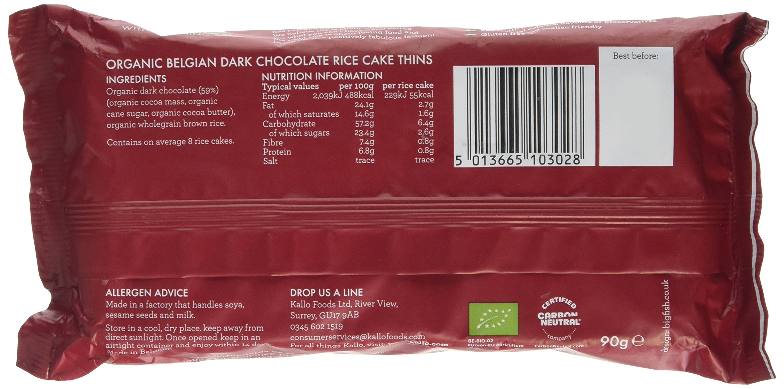 Buy Kallo Belgian Dark Chocolate Organic Rice Cake Thins, 90g Online at