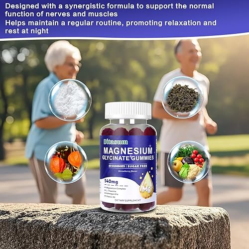 Miniatura 6 de Glicinato de magnesio y L-treonato de 540 mg, sin azúcar con Ashwagandha, suplemento para relajación y apoyo al sueño, sabor a fresa, 60 gomitas (1,