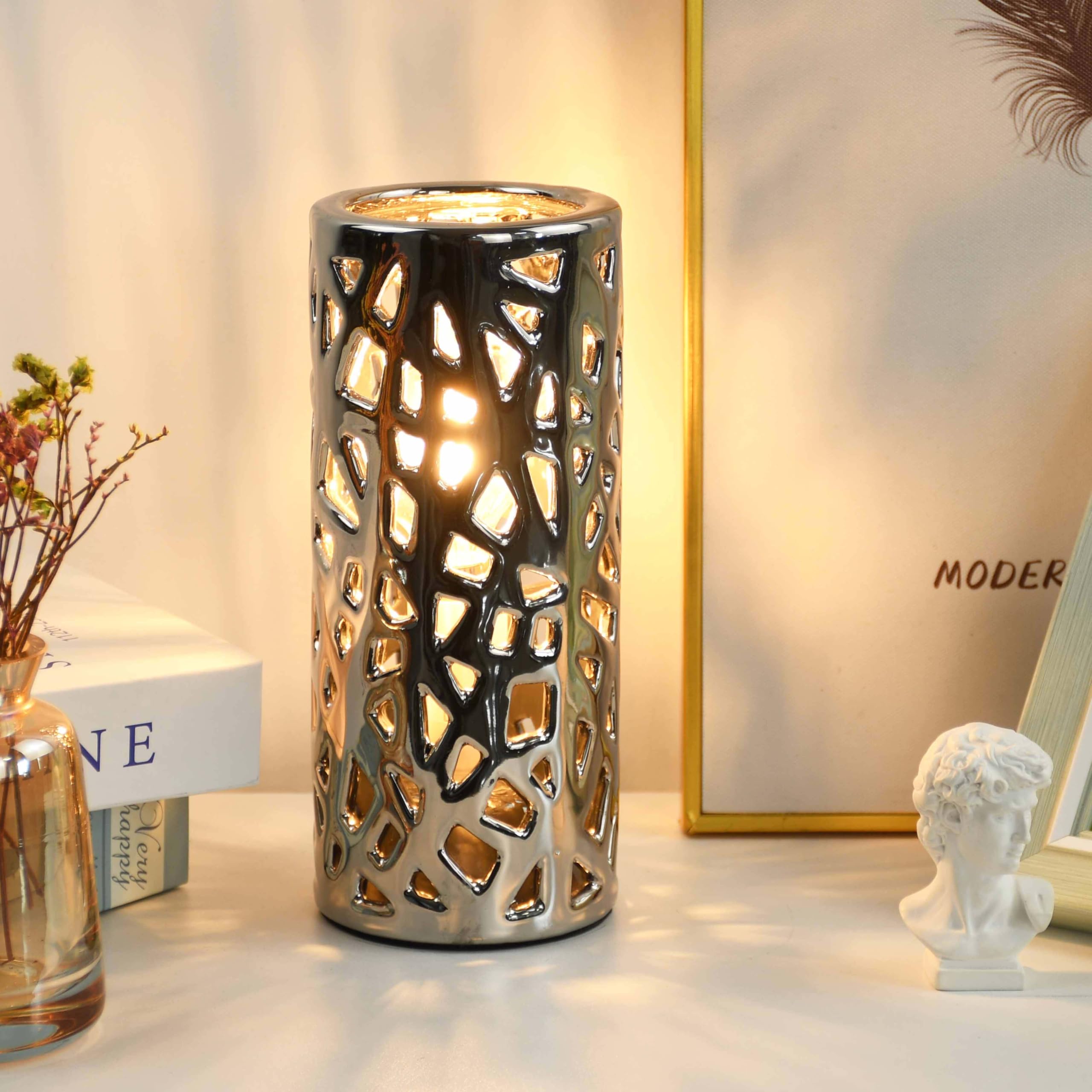 Lampwell Nave Small Table Lamp for Living Room as Bedside Table Lamp for Bedroom,Modern Ceramic Table Lamp,Kids Night Nursery Table Lamp,Φ3.14×H7.48IN,Bulb Excluded,Silver (Chrome) Carving Bird Nest