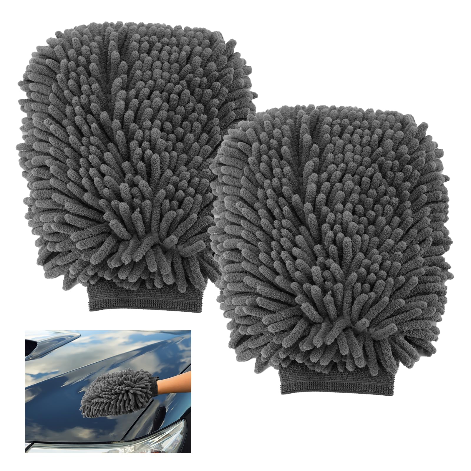 Microfibre Car Wash Mitt,2Pcs Double Sided Wash Mitt for Cars Washing,Super Absorbent & Scratch-Free Cleaning Gloves,Streak-Free Noodle Glove for Lifting Dirt,Car Wash Drying Mitts for Home Vehicle
