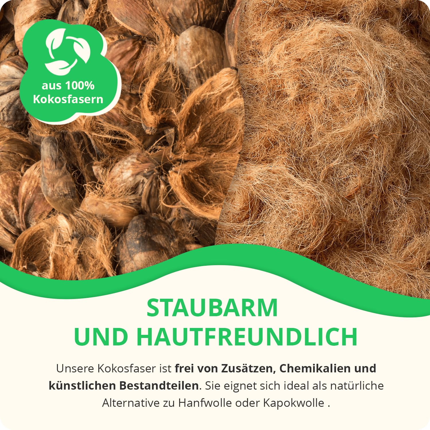 10x500g Kokosfasern als Nistmaterial für Vögel & Kleintiere | 100% natürliche Kokosfaser zum Nestbauen, für Tunnel- und Gangbau – staubarm, weich und vielseitig einsetzbar