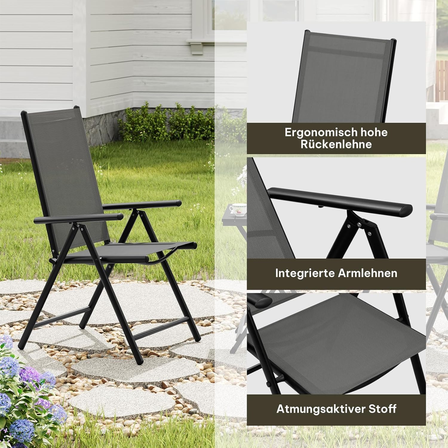 eSituro 2er Gartenstuhl Hochlehner Klappbar 7-Fach Verstellbare Rückenlehne Klappstühle 150 kg Belastbar Campingstuhl Balkonstuhl Klappsessel Garten Terrasse, Schwarz Grau