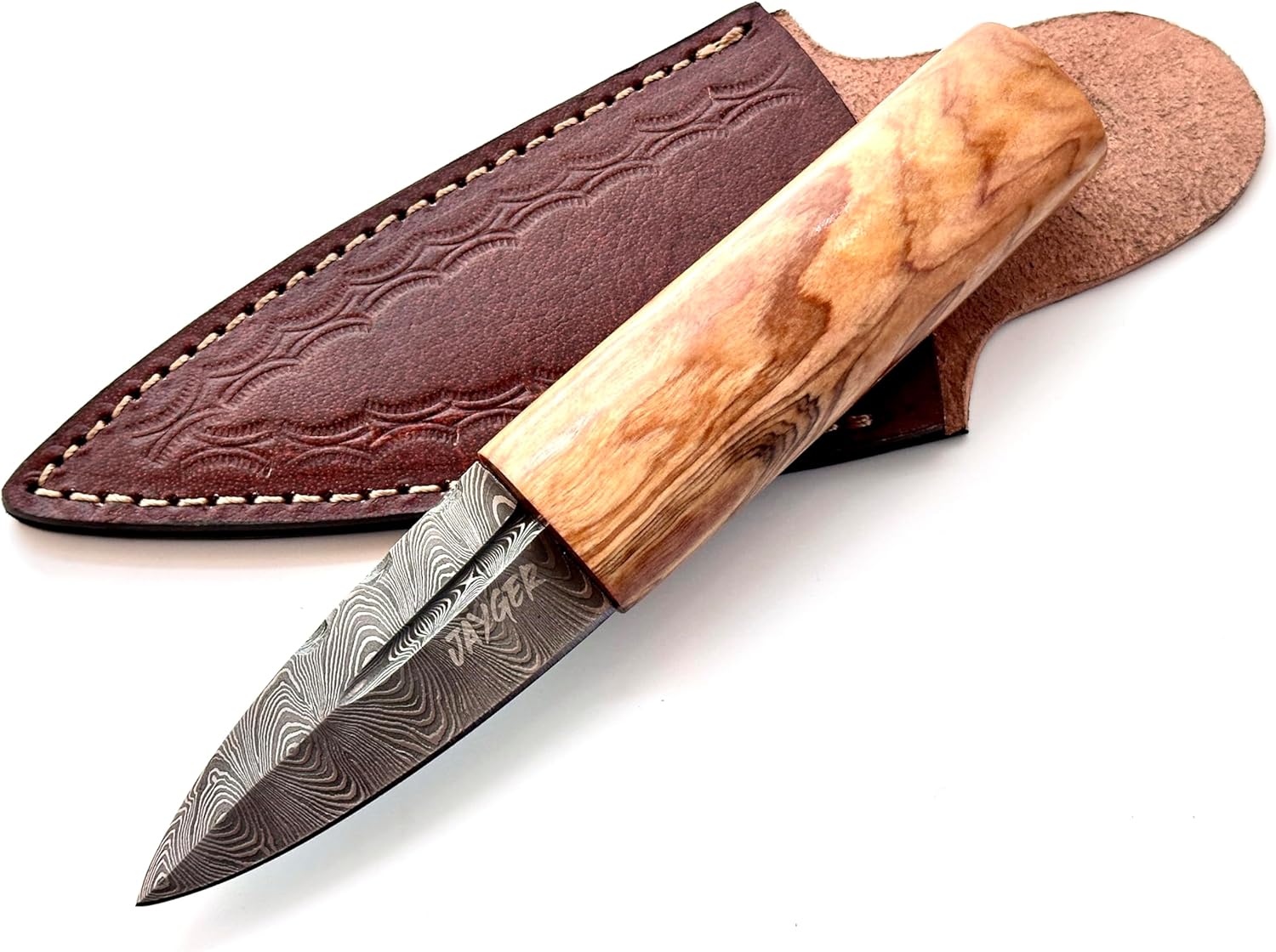 Handmade Scottish Sgian Dubh – Damascus Steel Blade with Olive Wood Handle – Leather Sheath with Belt Loop – Traditional Kilt Knife – Groomsmen Gift or Highland Accessory