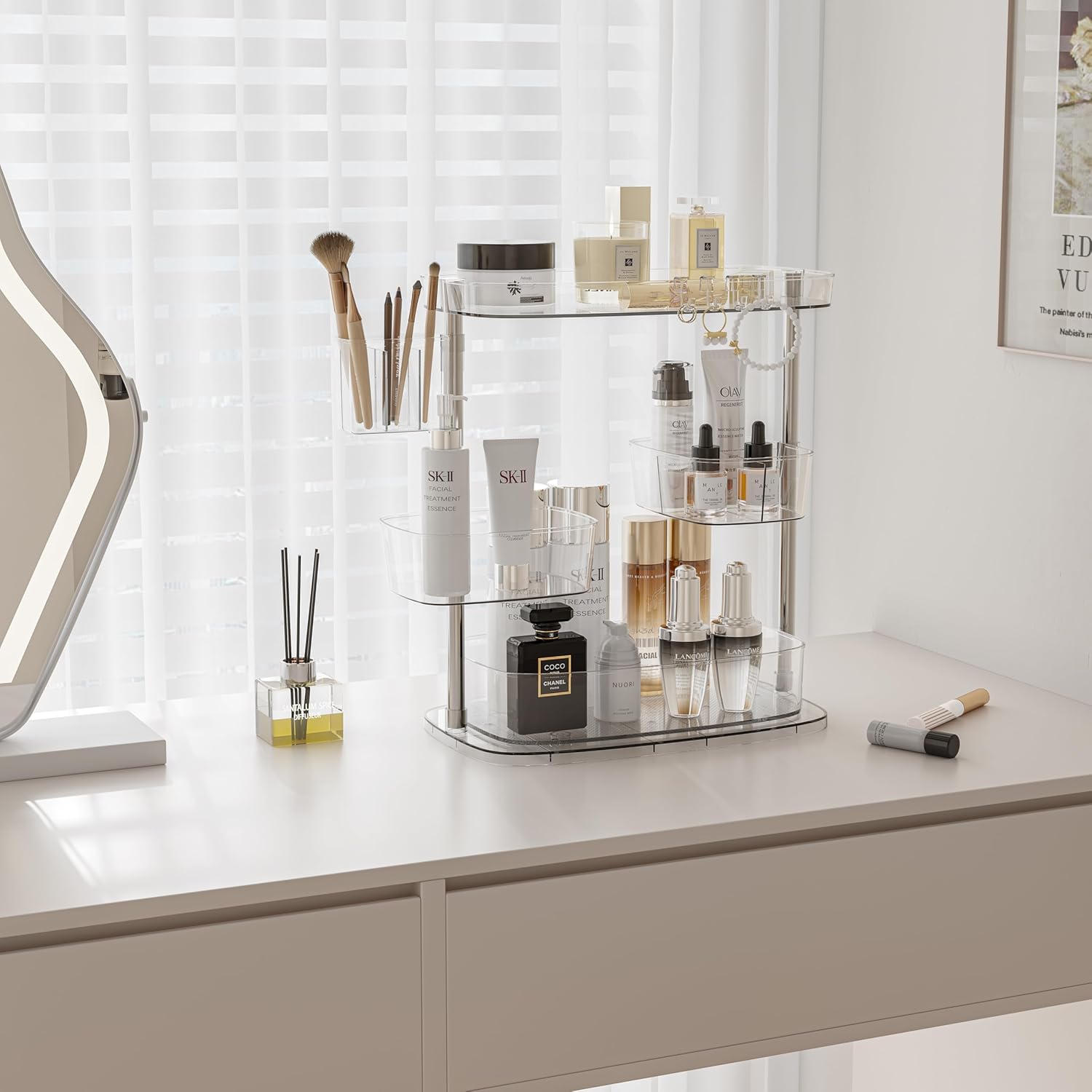 Clear Acrylic Makeup Organizer, Multi-Tier Cosmetic Storage Rack with Side Containers, Large Capacity Skincare Holder for Bathroom Counter, Vanity & Desk