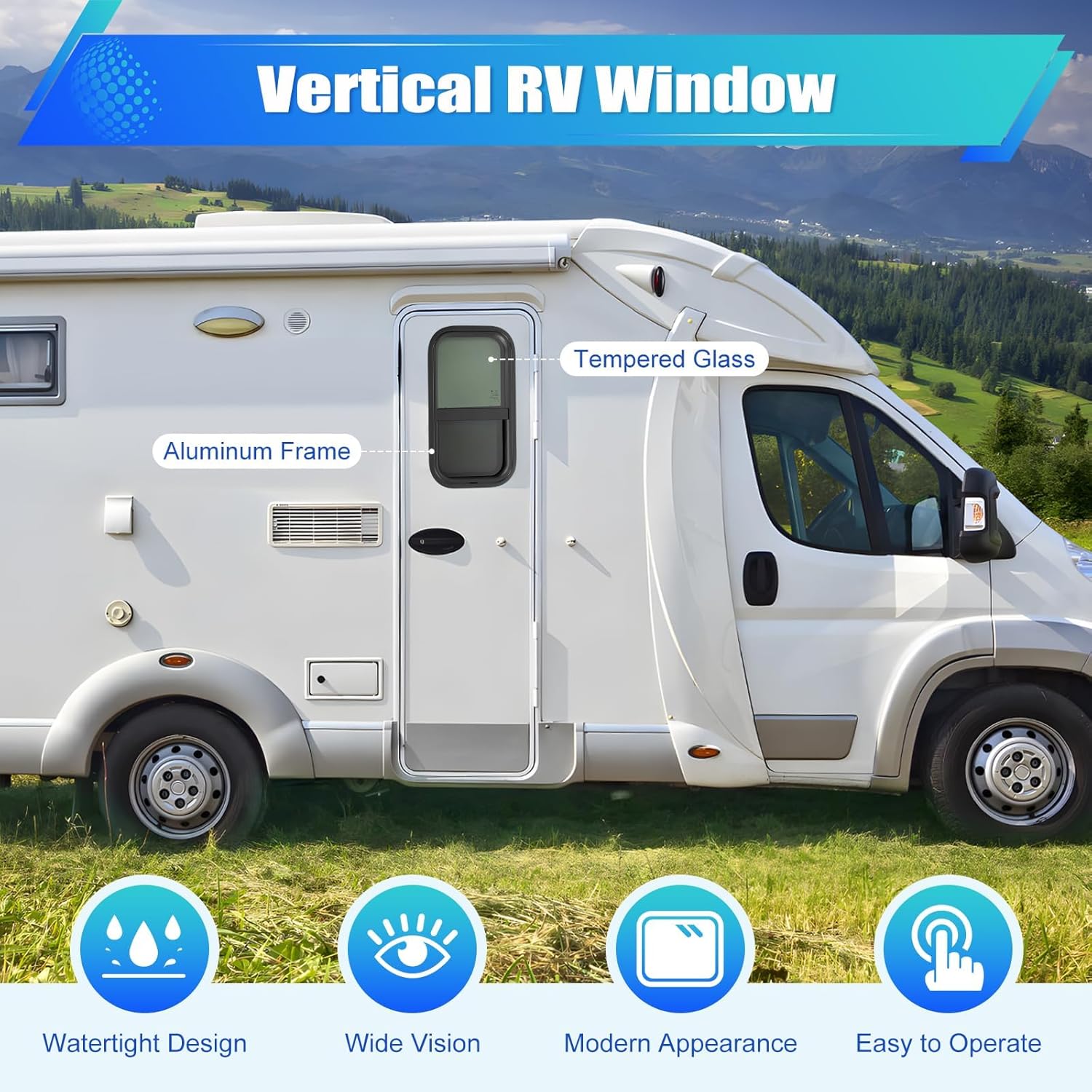 Vertical RV Window 12x22 Inch Tinted Sliding w/Net Screen & Trim Ring for 1/8"-1/4" (3-6mm) & 2¹/₈" (54mm) Walls (2 Pack)