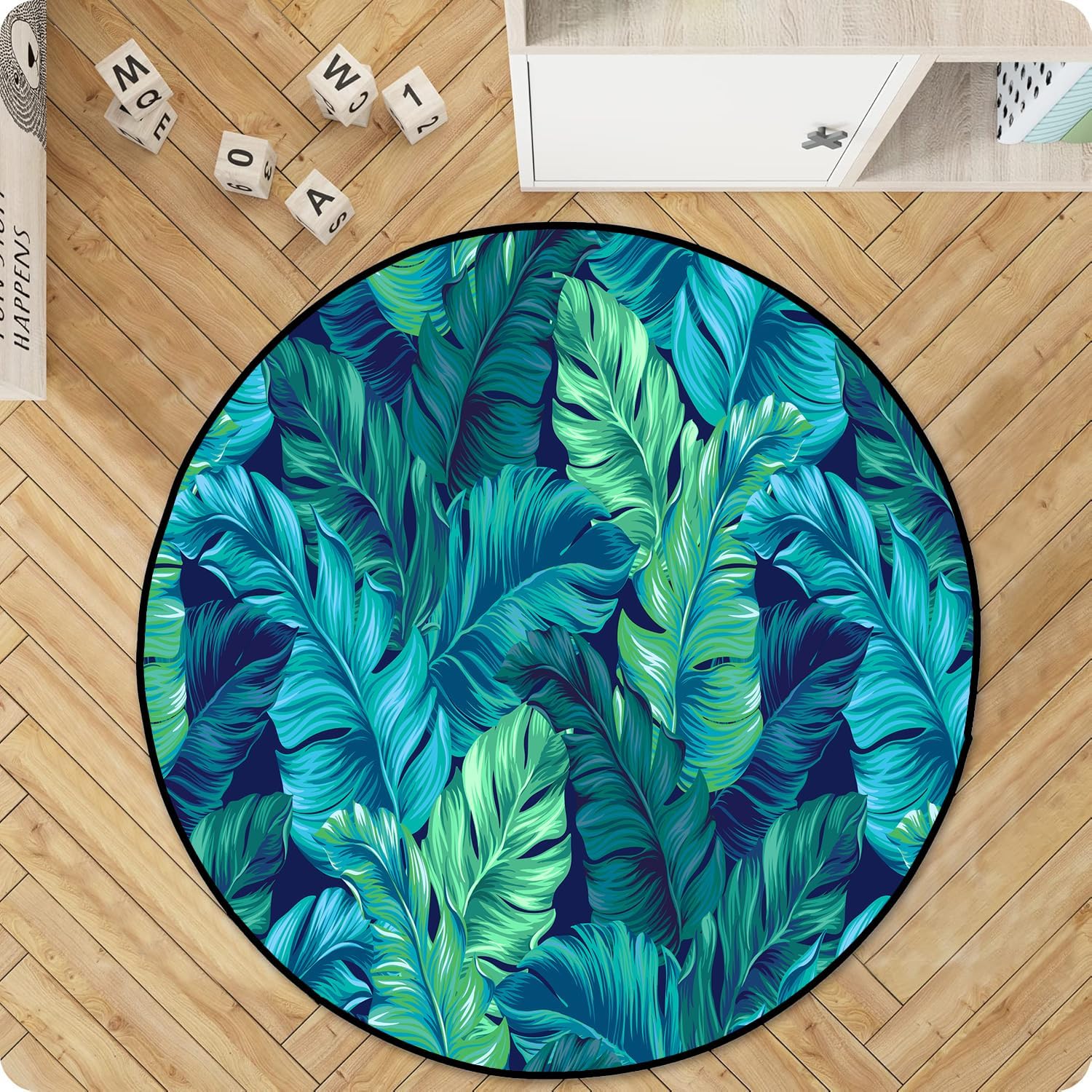 Round Rugs 2.6 FT Washable Non Slip Round Area Rug, Medium-Pile Small Circular Rug for Living Rooms, Kitchens, Bathroom, Entryways (Blue Palm Leaf)