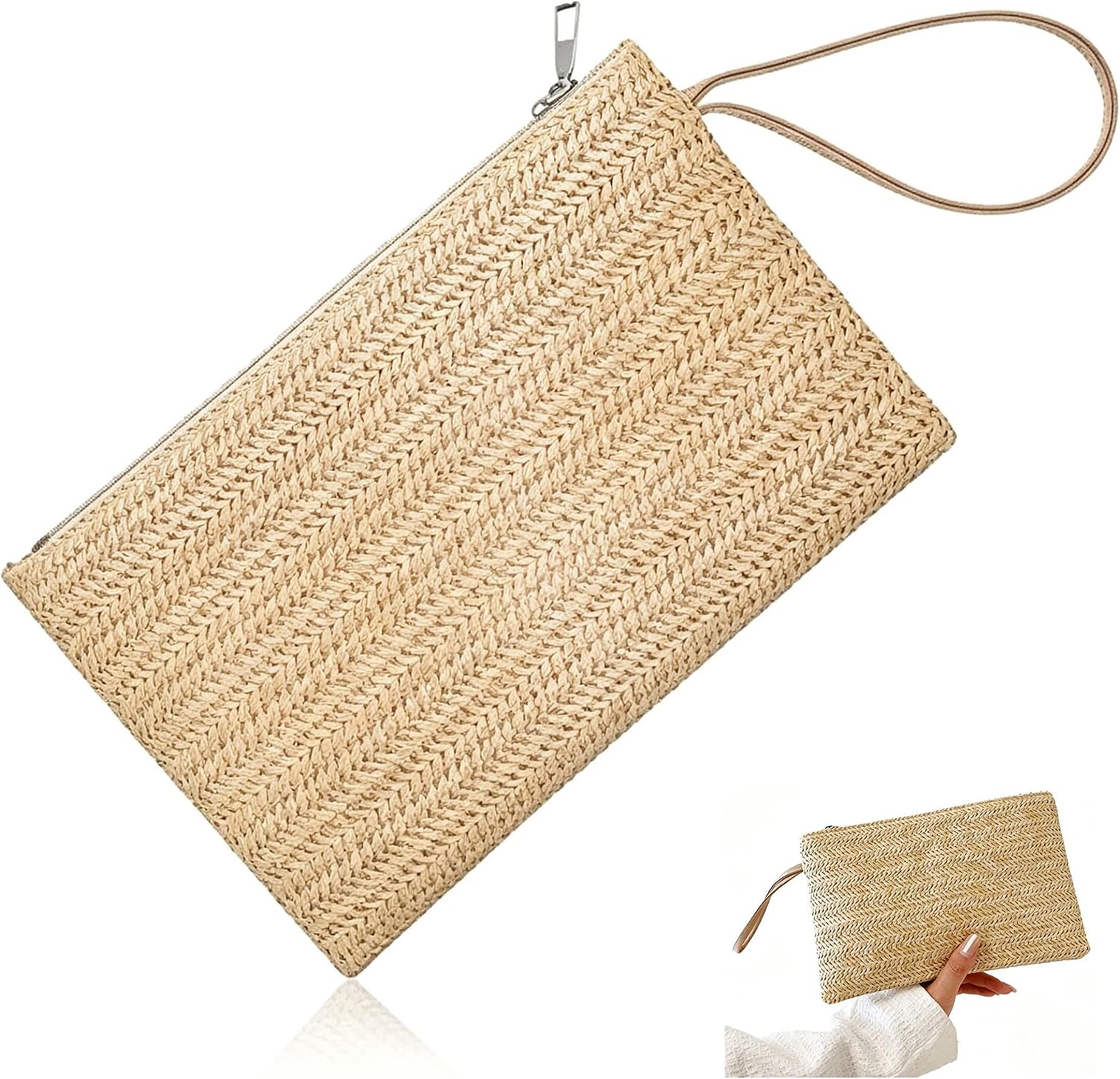 Women Straw Clutch Bag, 9.45 × 6.3 In, Hand-Woven Fine Straw Small Clutch Bag, Bohemian Wristlet Bag, Straw Clutch Purse with Handle, Zipper Wristlet Wallets for Girls Travel Work (khaki)