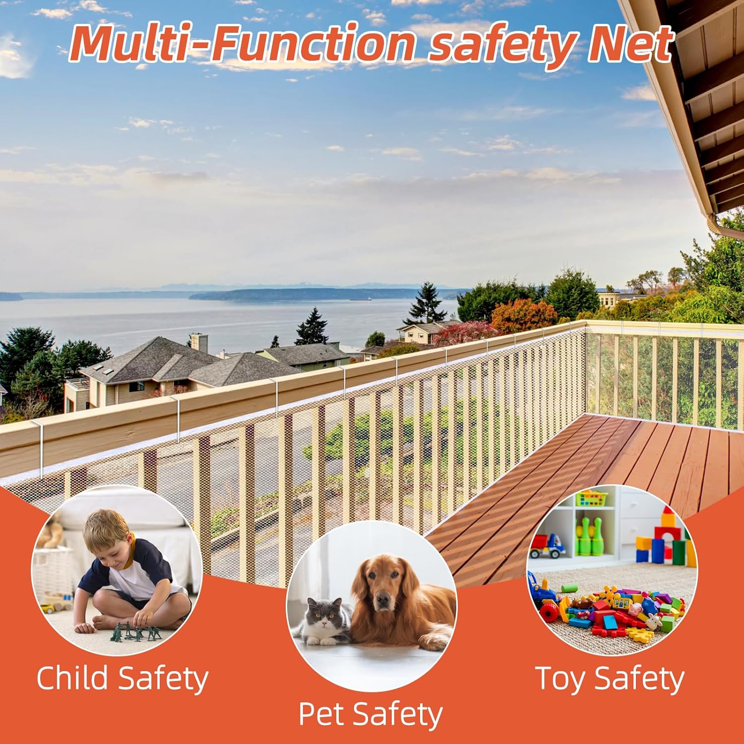 Banister Guard 10 ft L x 2.6 ft H, Deck Safety Net for Baby Proofing, Balcony Mesh Netting, Stairway Deck Rail Mesh Netting for Child Safety, Pet Safety & Toy Safety – White