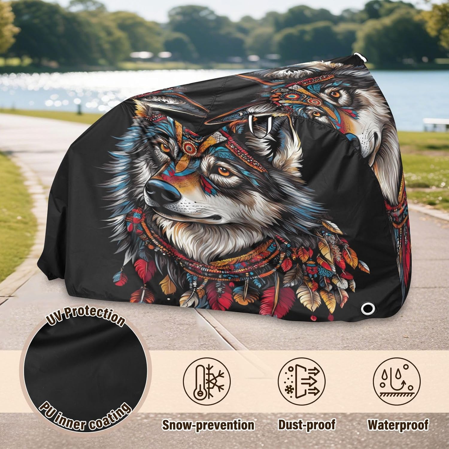 ALAZA Boho Wolf Indian Bike Cover Waterproof Outdoor Ebike Bicycle Covers Tarp Protection for 1/2 Bikes, Sun UV Dust Wind Proof