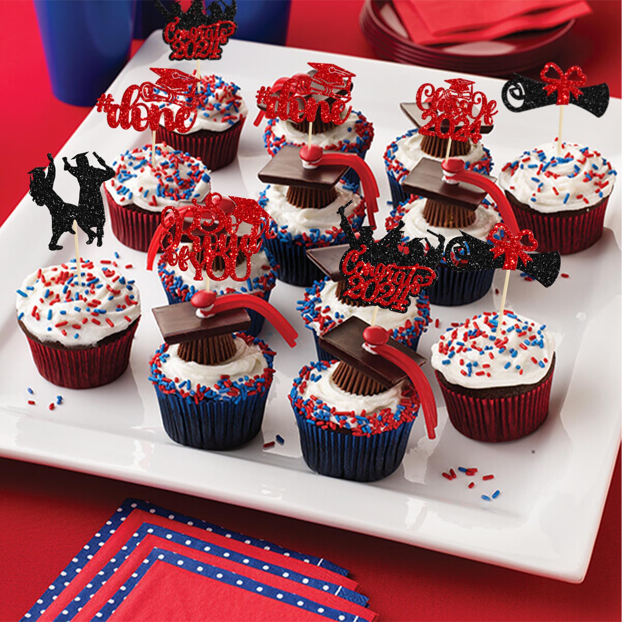 Gyufise 24Pcs 2026 Graduation Cupcake Toppers Glitter Class of 2026 Congrats Grad 2026 Cake Toppers Cap Diploma So Proud of You Cupcake Picks 2026 Graduation Theme Party Cake Decorations Supplies Red - Image 4