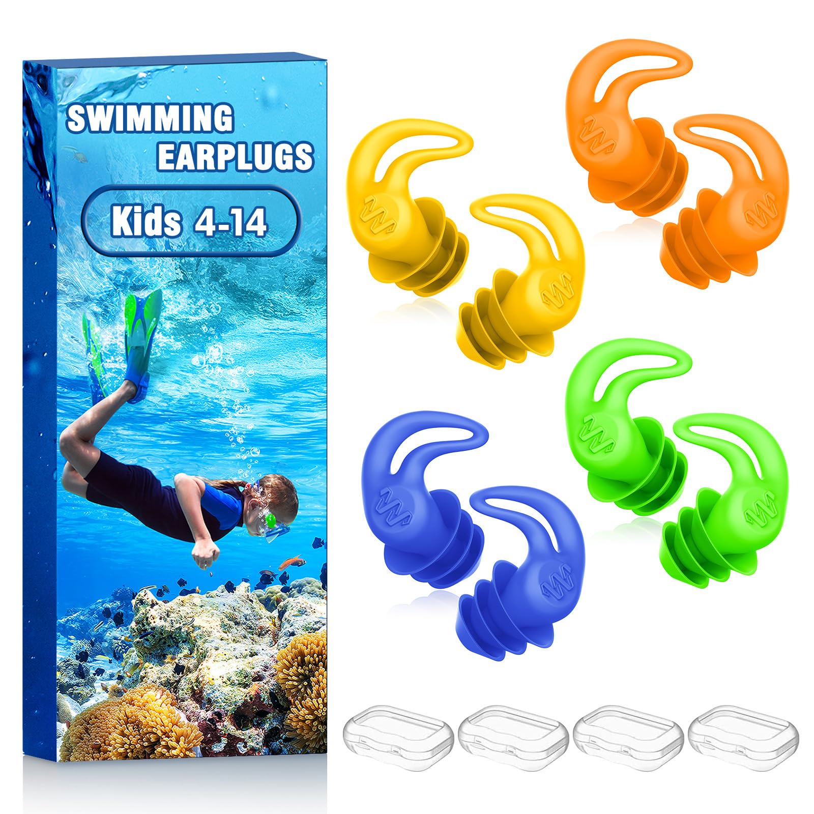 Swimming Ear Plugs for Adults Kids, 4 Pairs Silicone Earplugs Water Sports