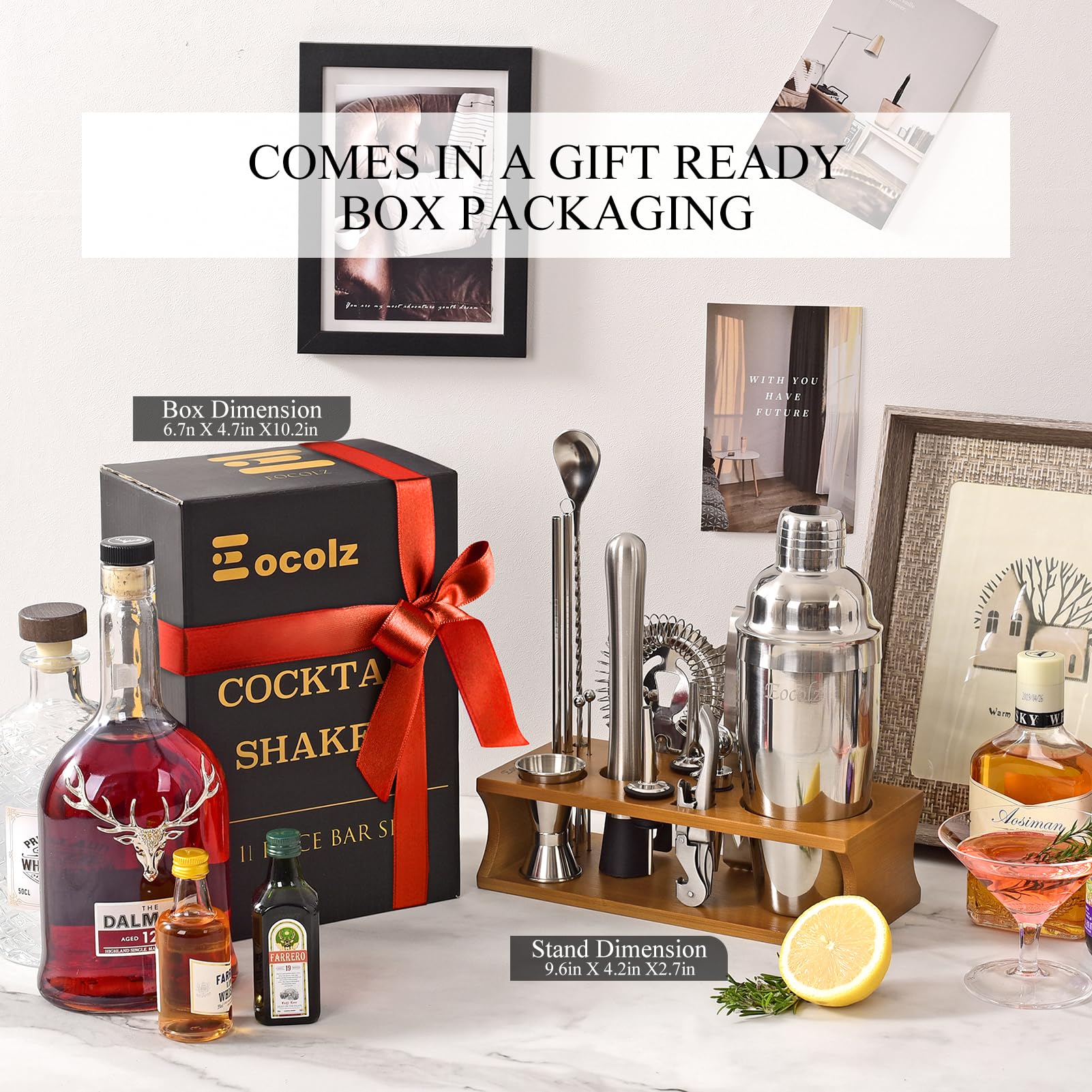 Set per la preparazione di cocktail, shaker da 750 ml, in acciaio inossidabile, kit da barista con espositore in bambù, per casa e bar (crostini argentati, 17 pezzi)