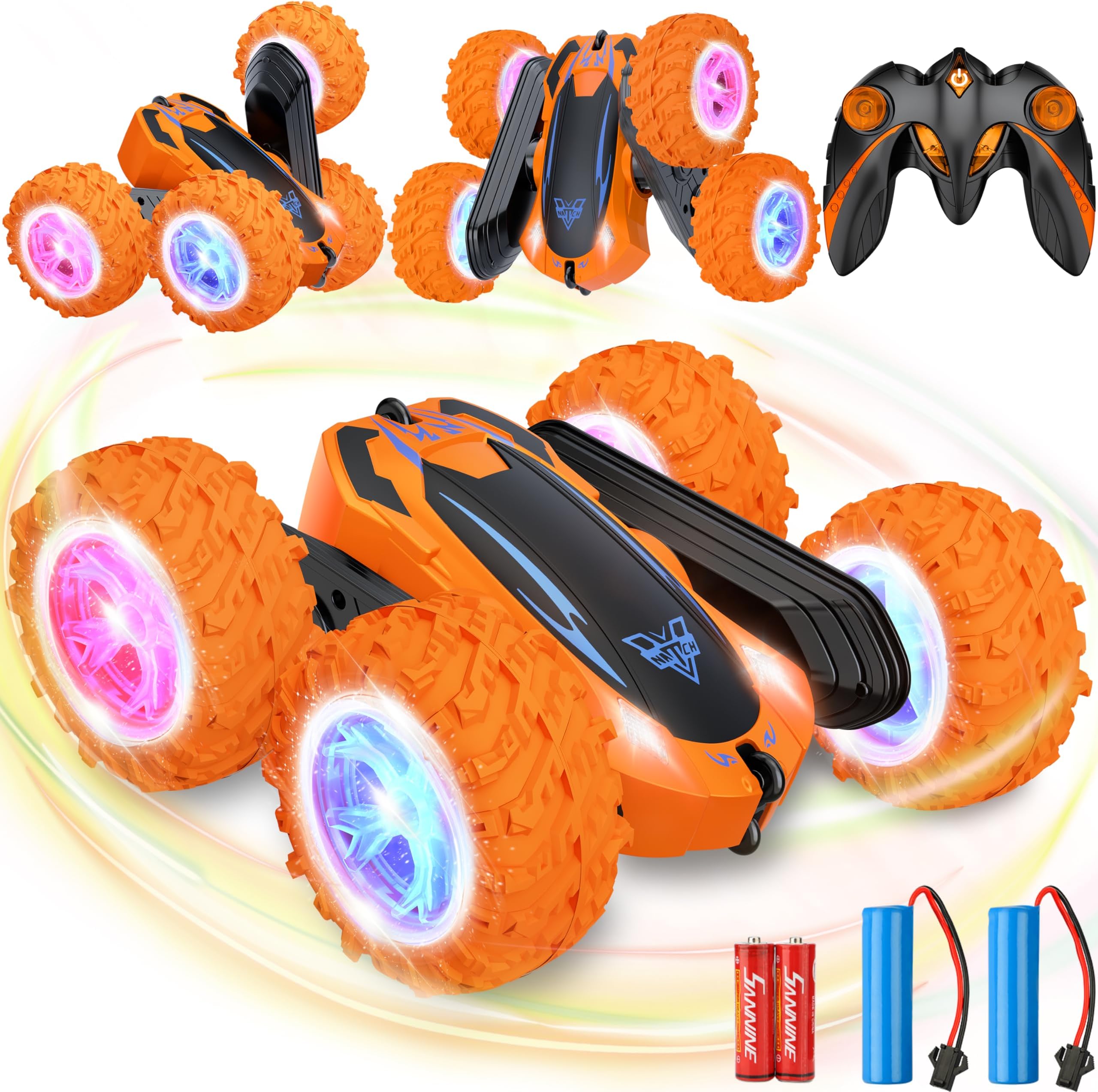 Remote Control Car, 2.4GHz Electric Race Stunt Car, 360° Rotating RC Car | Kids Car Toys, LED Headlights Double Sided RC 4WD High Speed Off Road Gift for 3 4 5 6 7 8-12 Year Old Boy Toys (Orange)