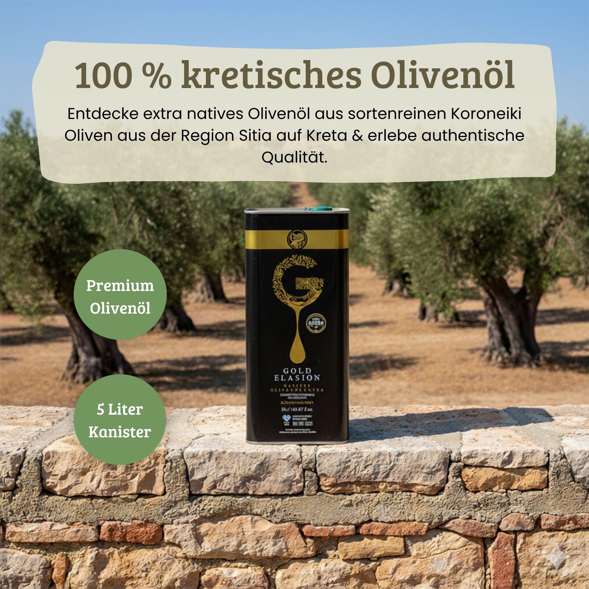 Elasion Gold 5 Liter | Griechische Olivenöl 0,3% aus Kreta | Extra nativ | Sortenrein | Kaltgepresst | Niedriger Säuregehalt