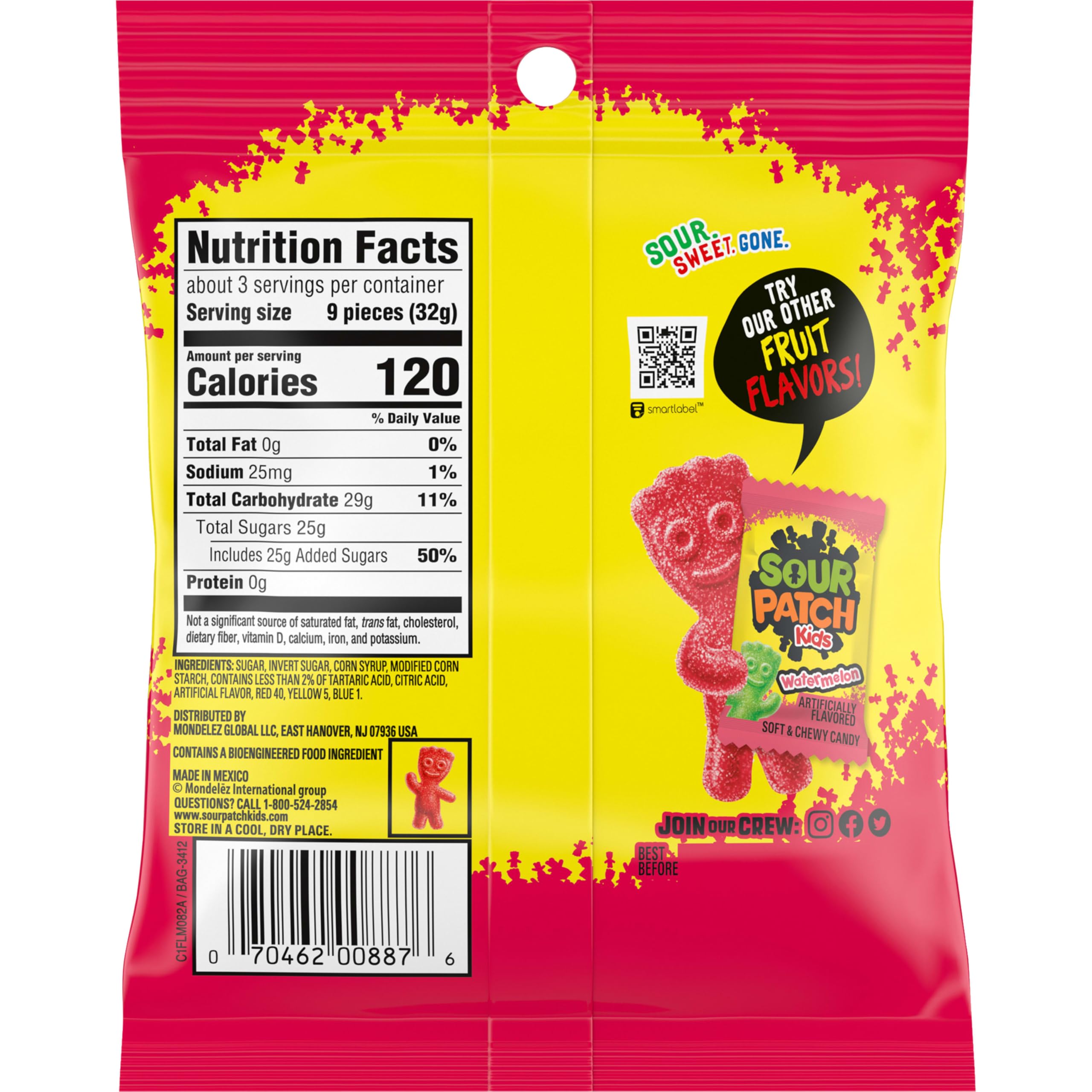 SOUR PATCH KIDS Caramelos suaves y masticables de fresa, bolsas de 340.2-102.1 g