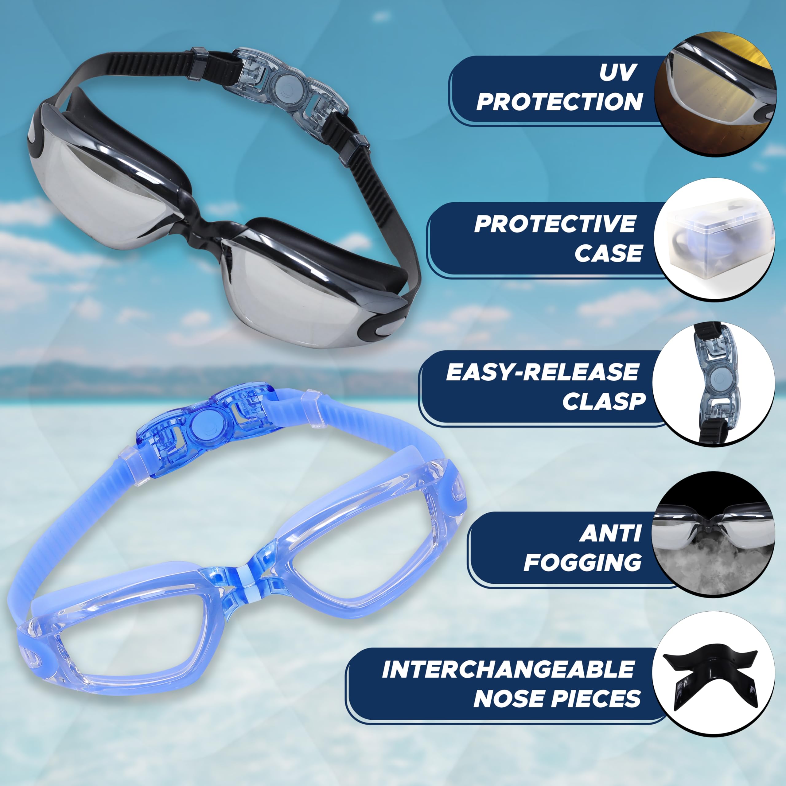 EcoNour Occhialini da nuoto anti-appannamento, con guarnizione impermeabile, vestibilità comoda, protezione UV, occhialini da nuoto per adulti, uomini e donne, con clip per naso e tappi per le