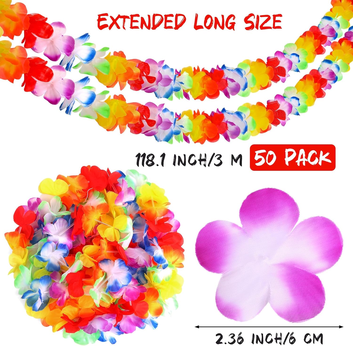 Aneco 50 Pack Hawaiian Tropical Jumbo Multicolored Luau Hibiscus Flower Lei Garland for Hawaiian Party Supplies Decorations, 10 Feet Each