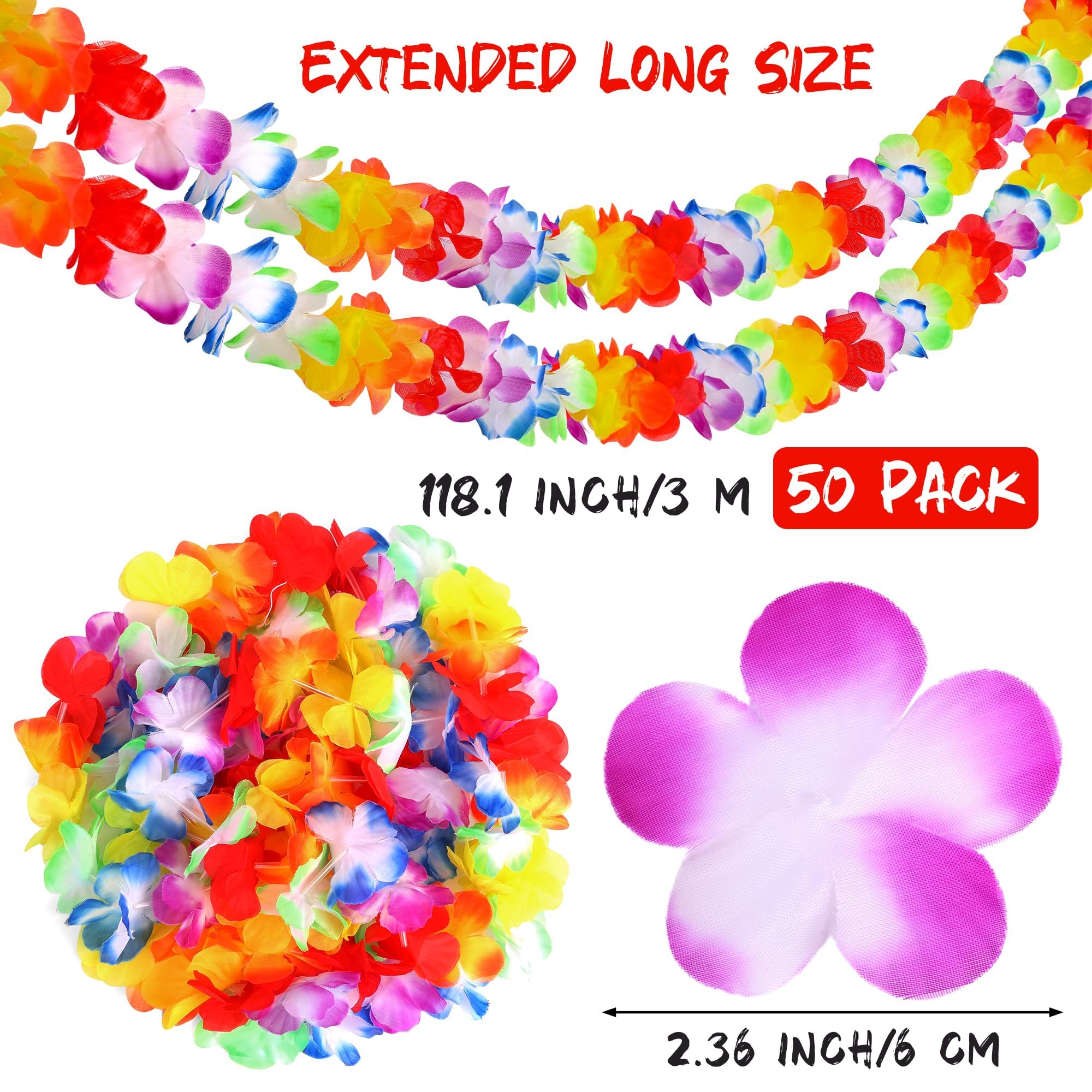 Aneco 50 Stück hawaiianische tropische Jumbo-Girlanden Luau Hibiskus Blumen Lei Girlande für hawaiianische Partyzubehör, Dekorationen, je 3 m