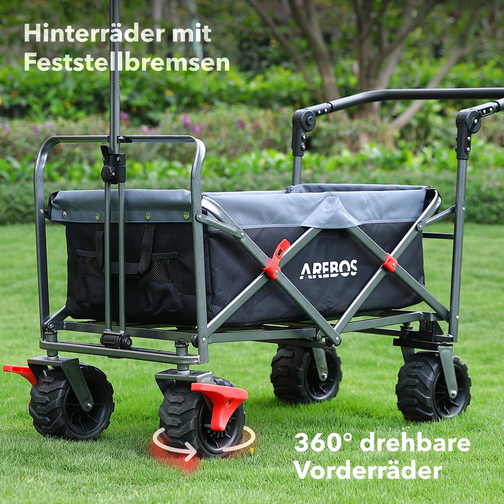 Arebos Bollerwagen faltbar | Transportkarre | Gerätewagen | Handwagen | Faltwagen | inkl. 2 Netztaschen | mit Vorderrad-Bremsen & Teleskopstange | klappbar | bis 100 kg Tragkraft | Grau