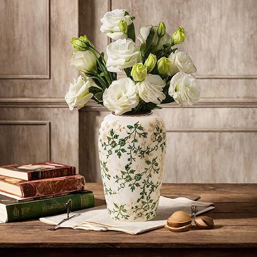 Vintage Green and Beige Flower Vase,Retro Chinoiserie Vase,Farmhouse Antique Decorative Ceramic Vases for Home Decor,Bookshelf, Dining Table, Coffee