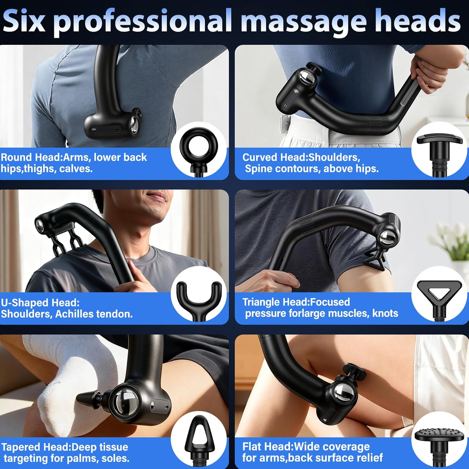 Dual-Head Muscle Massage Gun Pain Relief Deep Tissue, 3-in-1 Percussion Back Massager with Detachable Extension Handle, Muscle Massager for Back, Neck, Shoulder & Body, 6 Speed Levels (Black)