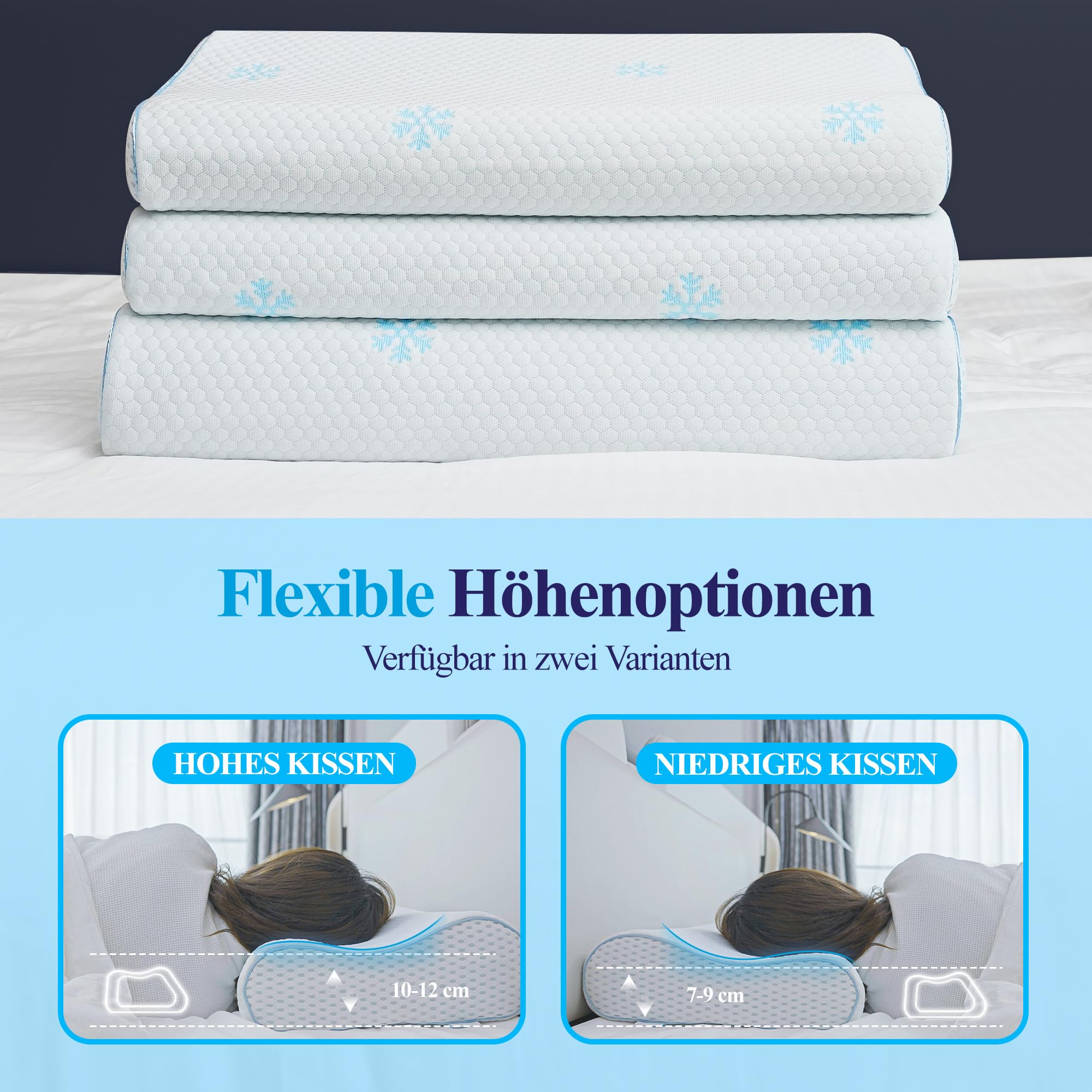 Memory Foam Nackenkissen Kopfkissen 60x35x12-10 cm Ergonomisches Seitenschläferkissen Orthopädisches Kissen