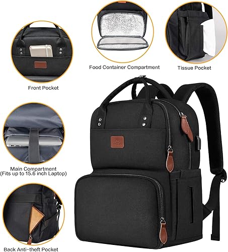 Miniatura 4 de MATEIN Mochila para laptop de 23 L para mujer con lonchera aislada, puerto USB y bolsa reutilizable resistente al agua para viajes, trabajo, playa,