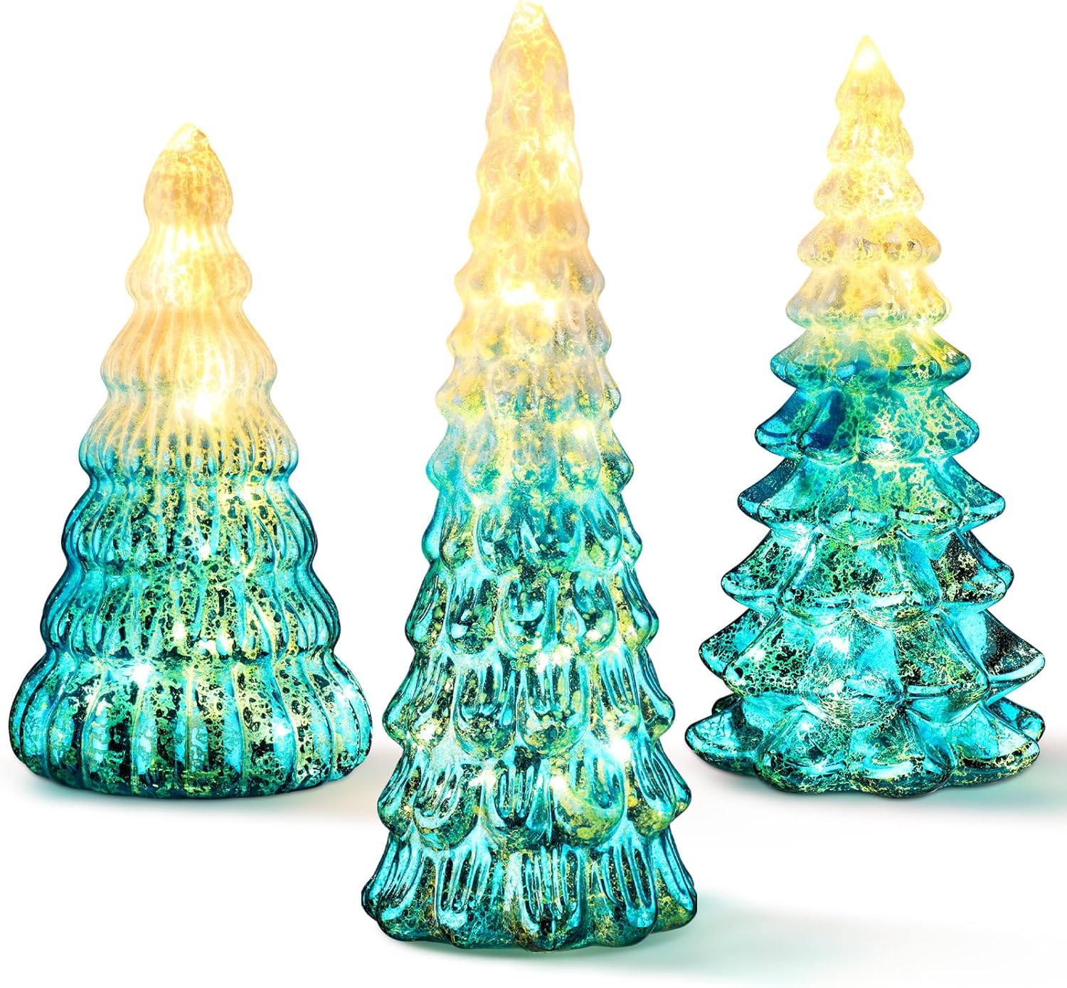 Funnymoom 3 Pack Glass Christmas Trees Decorations Gradient Lighted Christmas Tree 11.4 Inch Snow Top Glitter Xmas Winter Tabletop Centerpieces Gift for Home Fireplace Table Mantle Holiday(Blue)