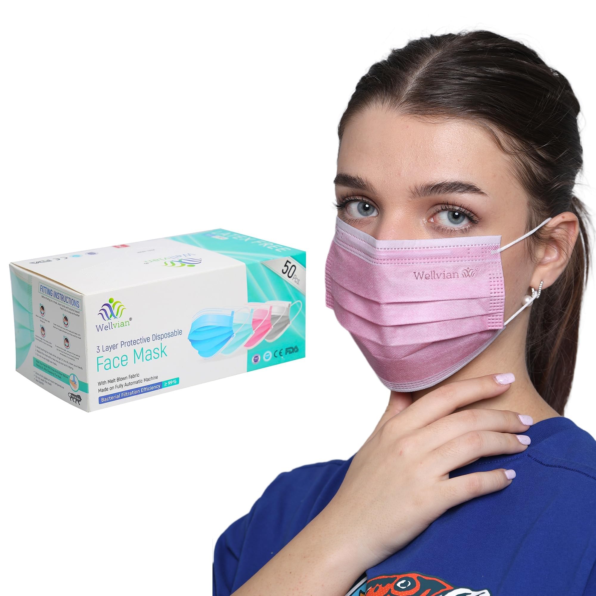 Wellvian Adult Mask Disposable Face Mask Meltblown Mask Surgical Face Mask With Nose Pin & Latex Free Ear Loops Bfe = 99% Colour : Baby Pink Pack Of 50 Pcs (B0CKWCB11C) Amazon Price History, Amazon Price Tracker