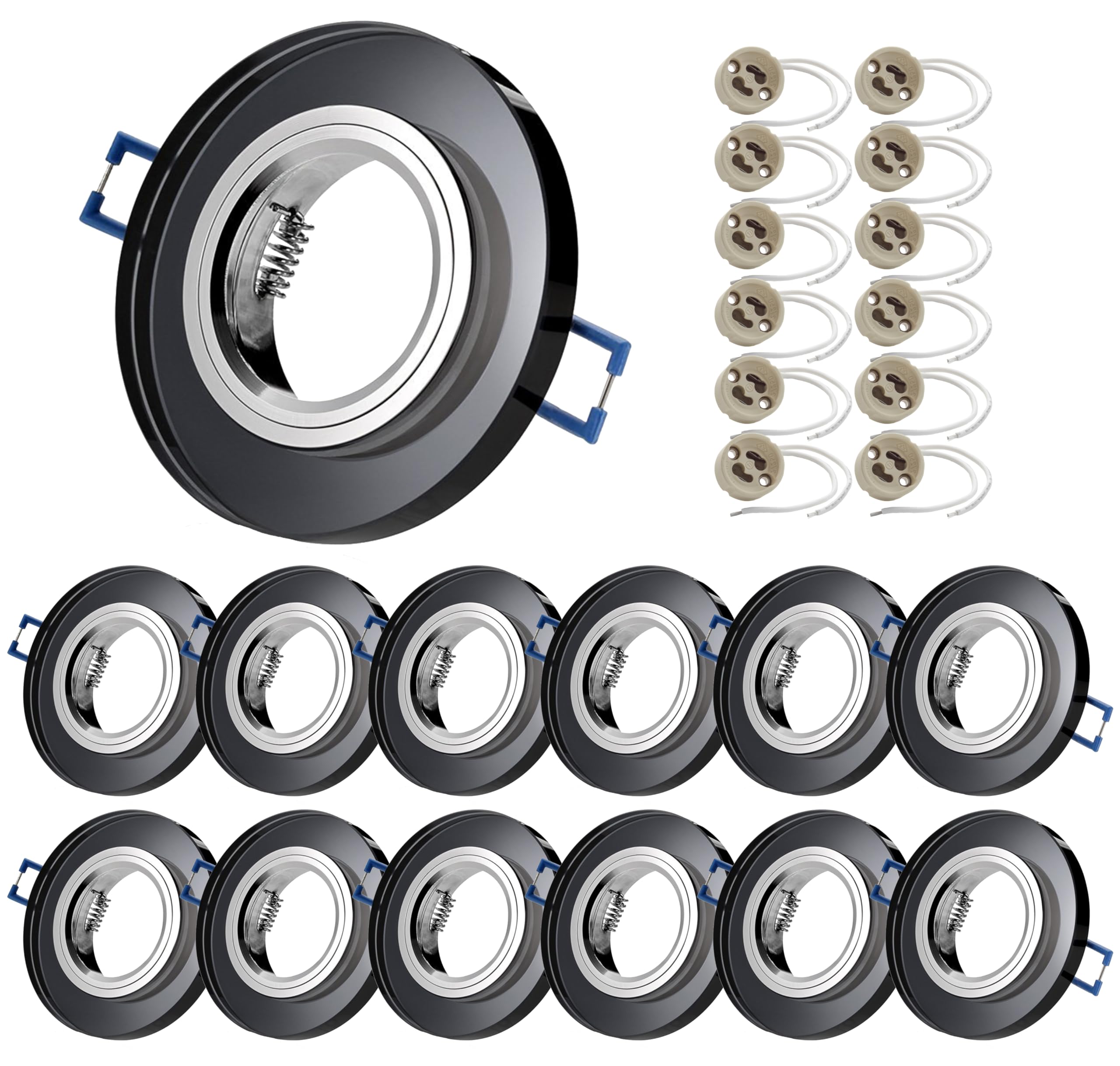 Sweet Led Einbaustrahler 230 V 12er Set – GU10 Deckenspots aus Glas Schwarz inkl. Fassung, Einbaurahmen, Ø 68 mm Runde Rahmen für Decke