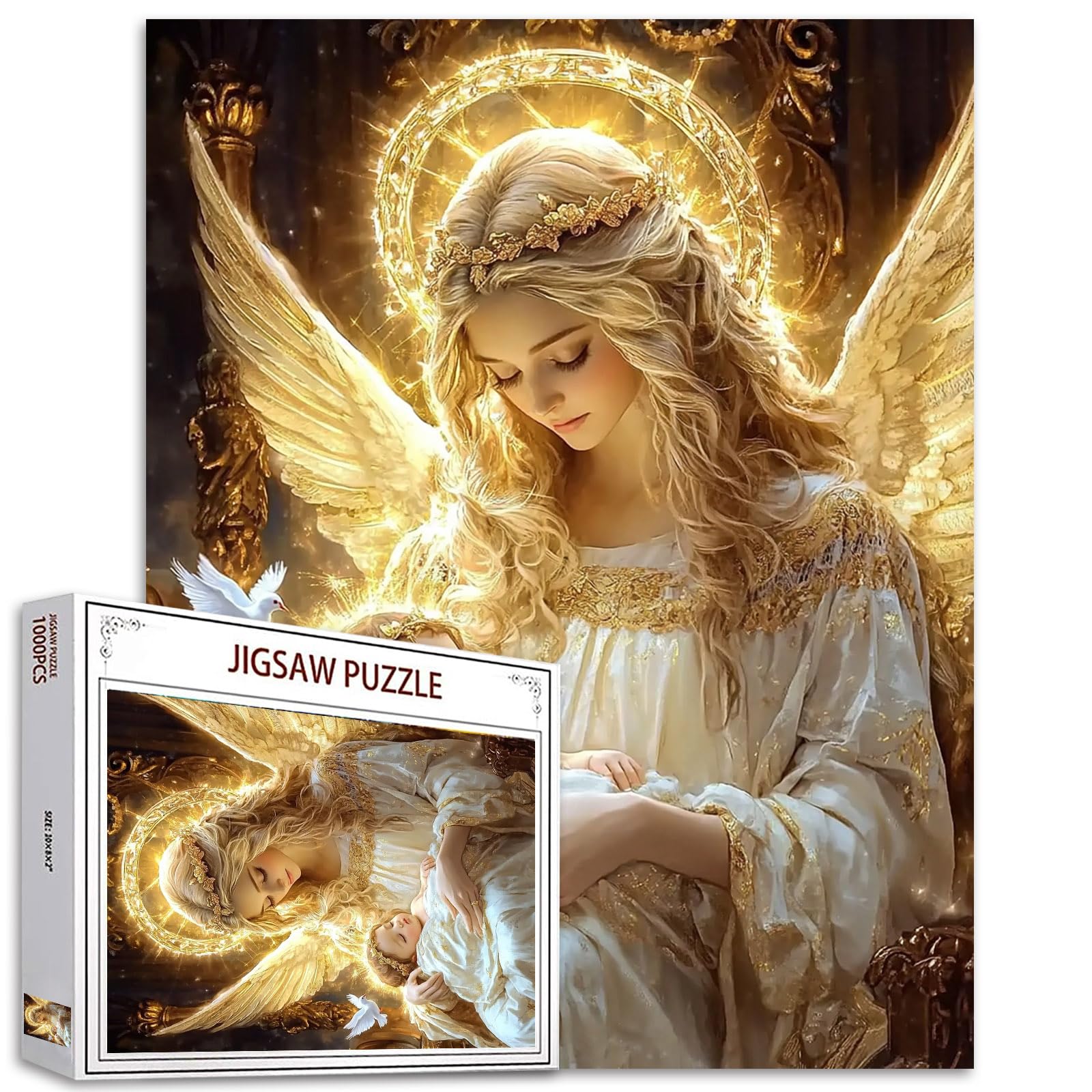 Virgin Mary 1000 Piece Jigsaw Puzzles for Adults Woman Wings Baby Puzzle Christianity Religions Puzzles Challenging Family Activity Games Colorful DIY Craft Puzzle for Home Decor Gifts