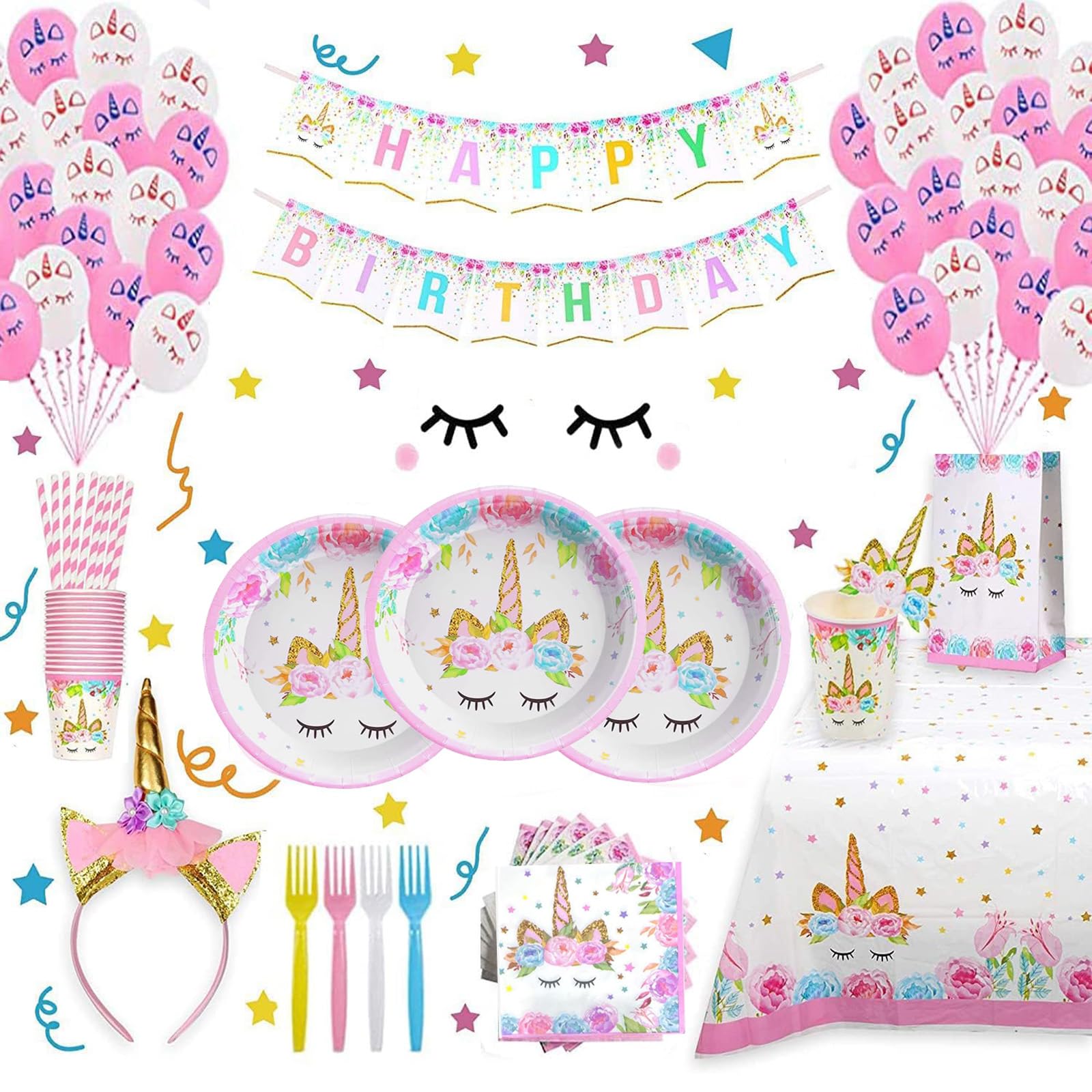 Girls Birthday Party Supplies Including Plates Cups Straws Tablecover for Pink Birthday Party Serve 16 Guests