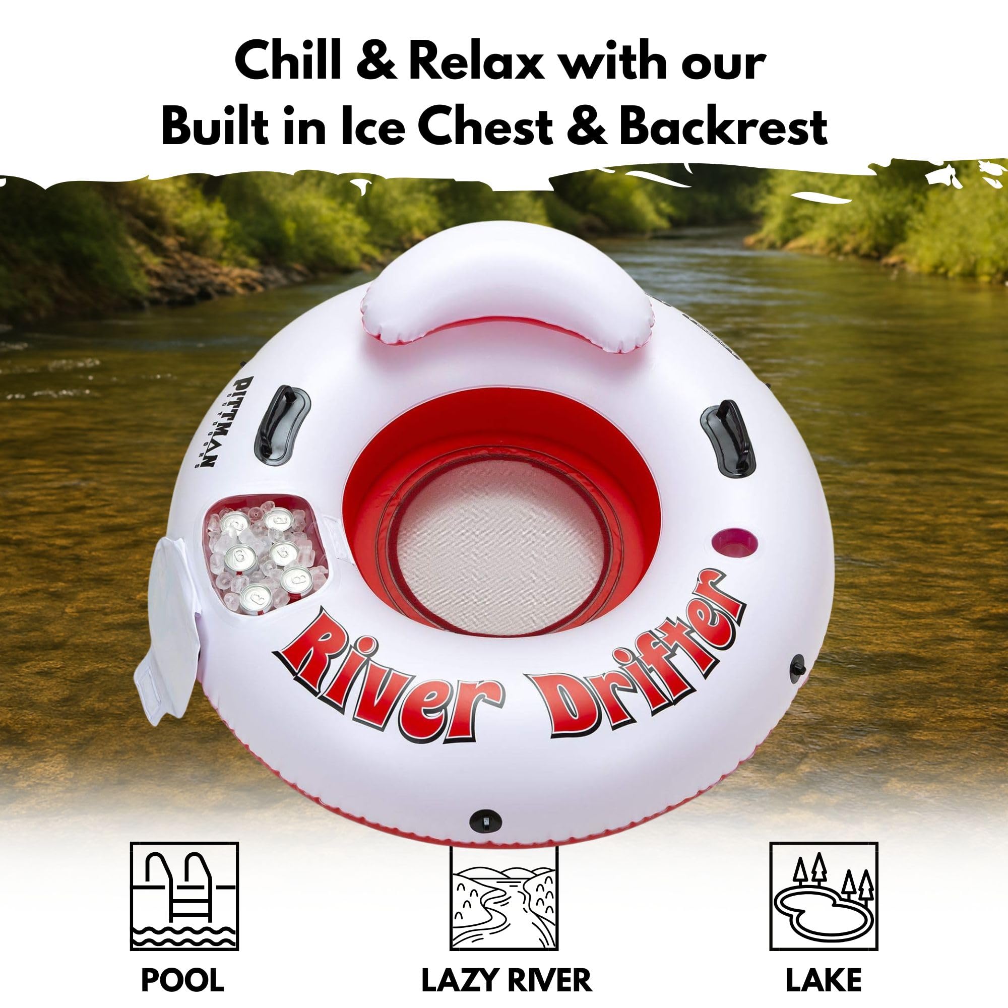 Pittman Outdoors River Drifter Inflatable Water Float Tube with Ice Chest Cooler, 1 Person