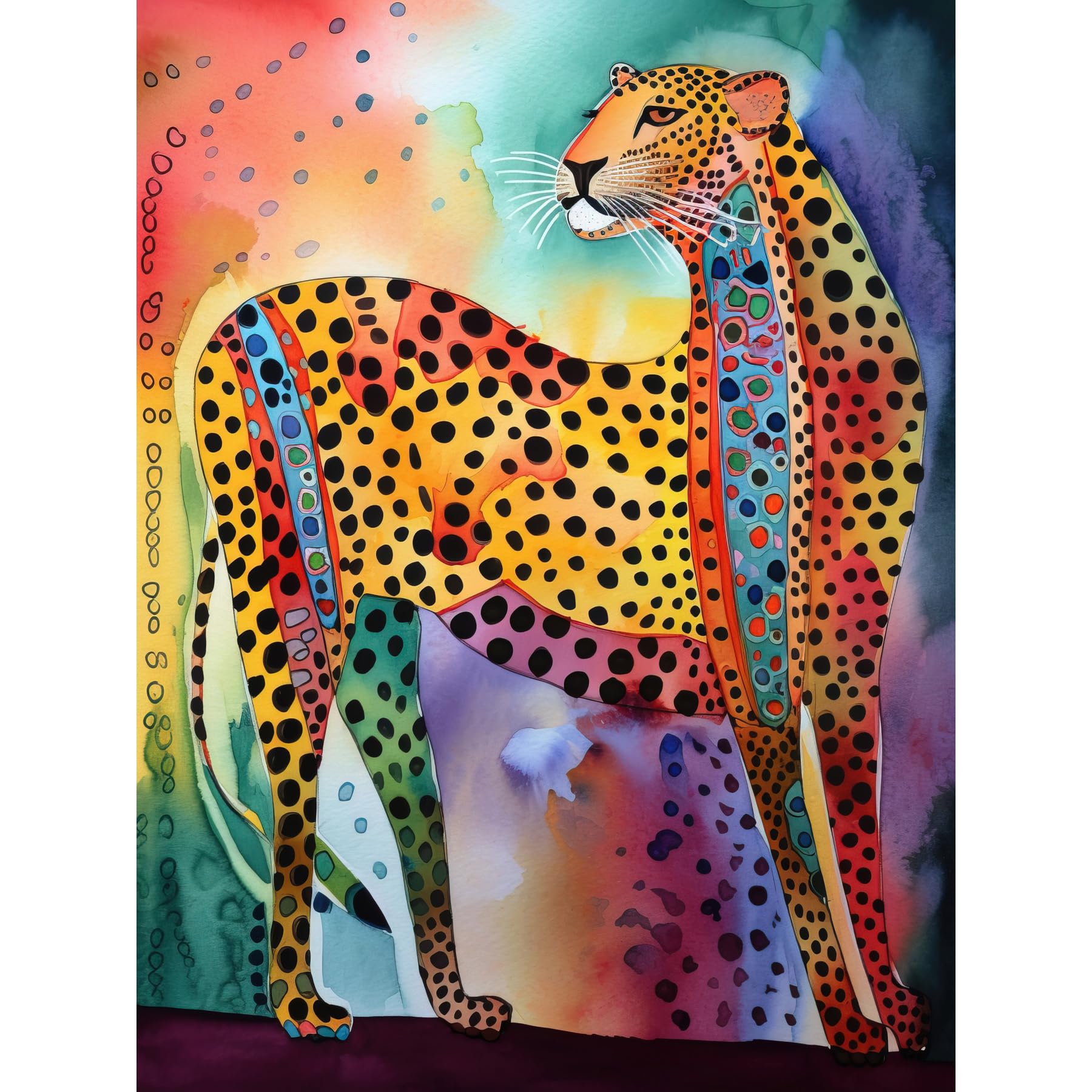 Artery8 Colourful Cheetah Folk Art Watercolour Painting Large Wall Art Poster Print Thick Paper 18X24 Inch
